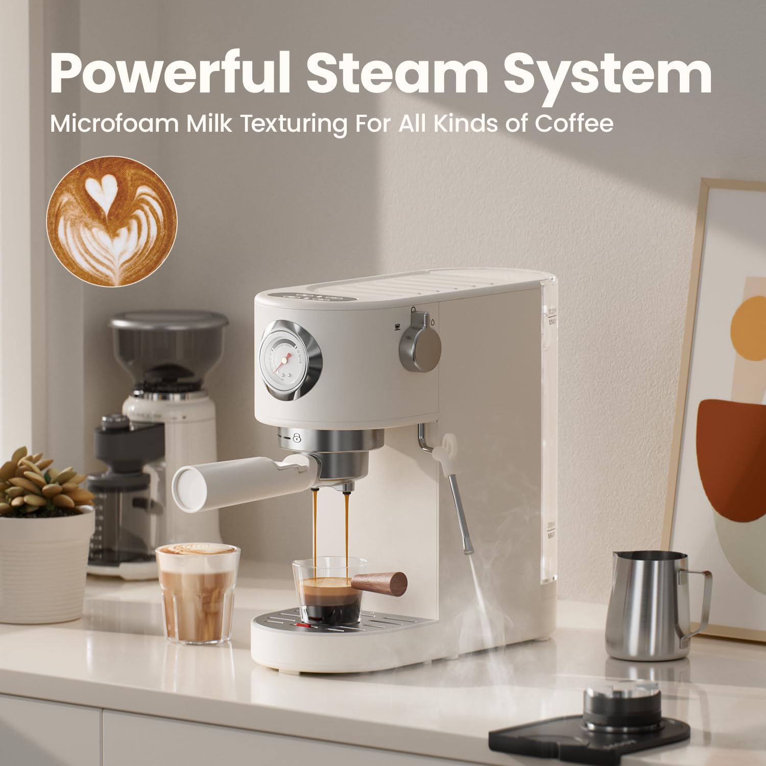 Premium 20Bar Espresso Machine with Milk Frother Steam Wand - Adjustable Cup Volume, 37oz Capacity for Latte & Cappuccino - Touch Screen & Pressure Gauge - Beige - Perfect for Home Baristas & Coffee Shops