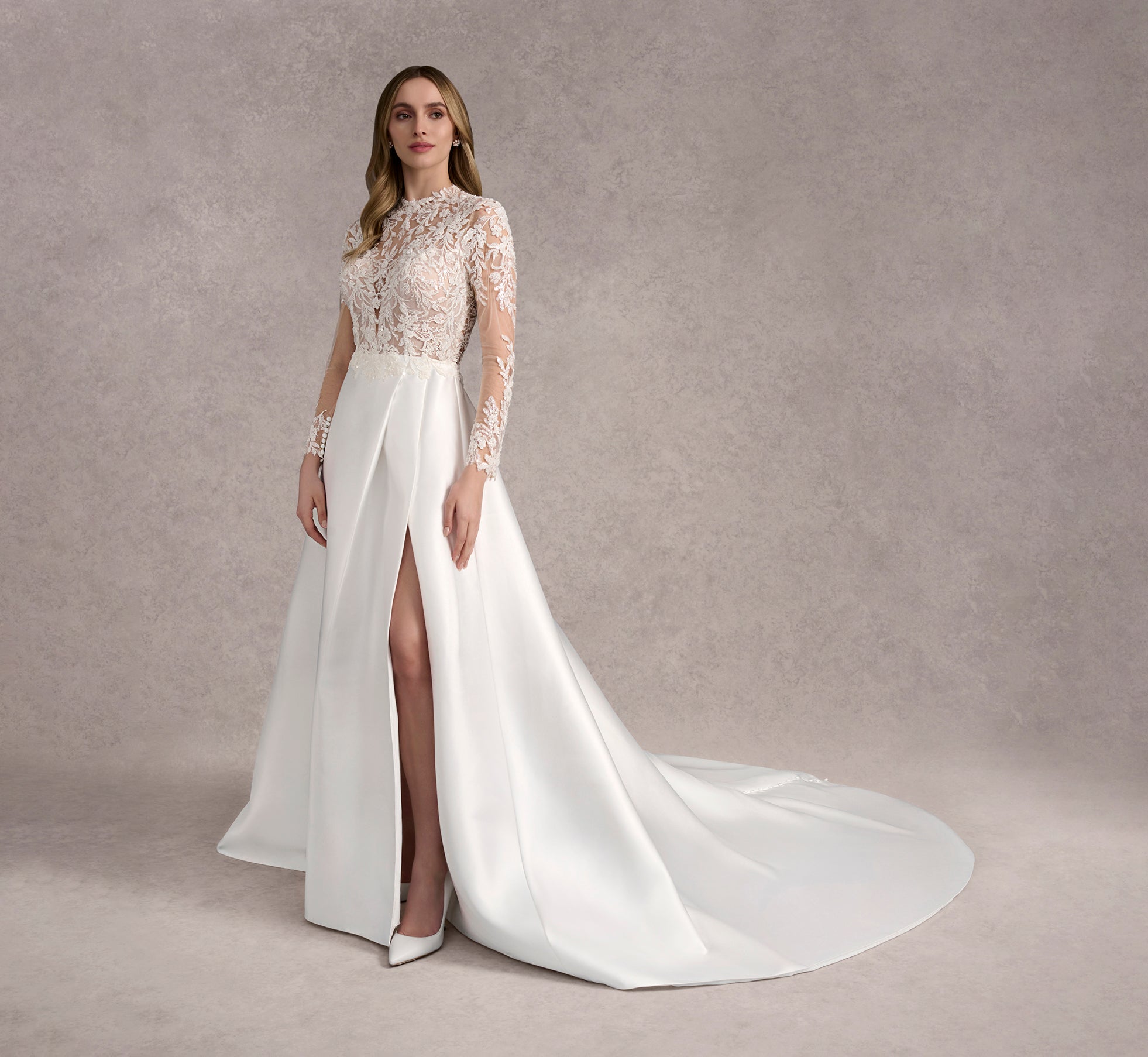 Elegant Beaded Lace Bodice & Mikado Pleated A-Line Wedding Gown in Ivory/Nude - Perfect for Bridal, Formal Events and Special Occasions