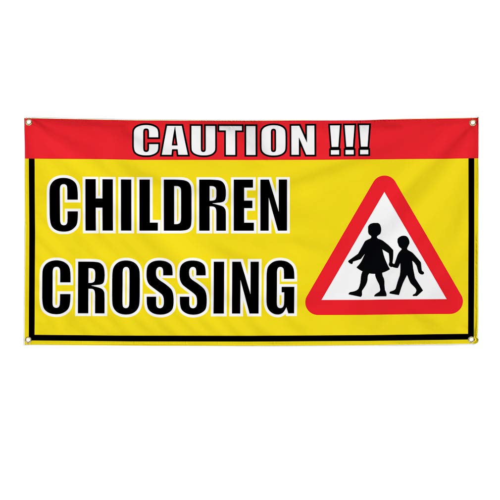 Vinyl Caution Children Crossing Banner - Weatherproof, Durable Outdoor Yard Sign (48x96 Inches, Yellow, 8 Grommets) - Perfect for School Zones, Construction Sites & Neighborhood Safety