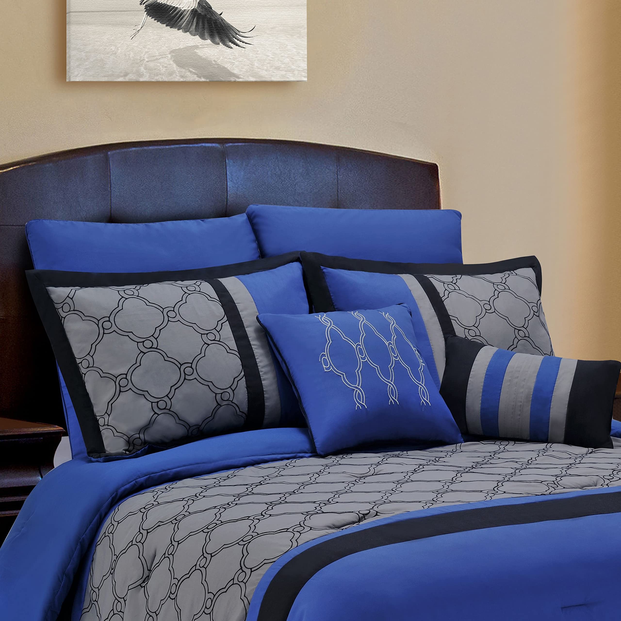 Premium Maxfield 8-Piece Embroidered Comforter Set - California King Size, Luxurious Blue Bedding for Master Bedroom & Guest Room Decor