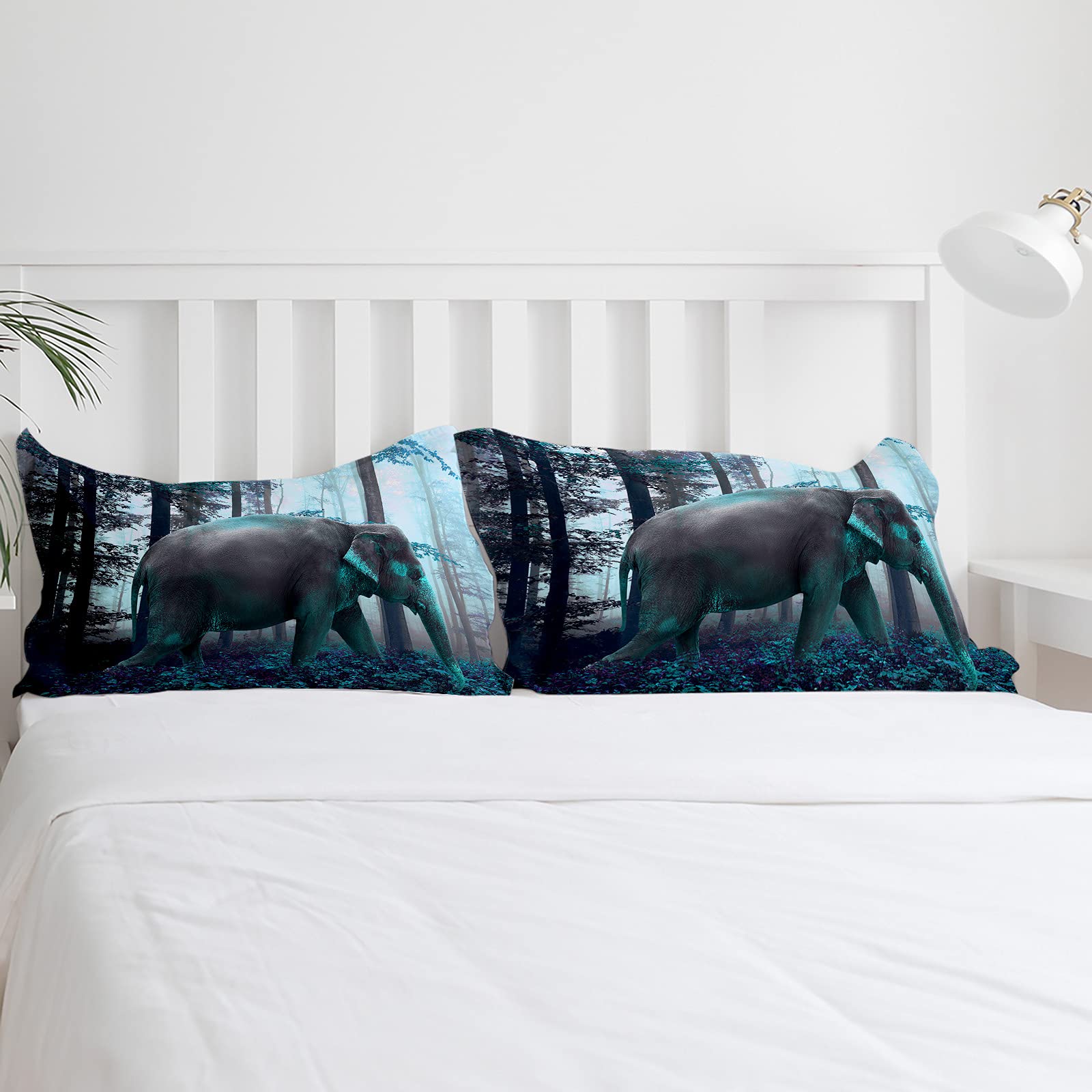Premium Queen Duvet Cover Set - Elephant Print Autumn Thanksgiving Theme in Teal Green - Soft Comforter Cover with 2 Pillowcases for Teens, Kids & Adults | Perfect for Cozy Bedrooms, Guest Rooms & Dorm Decor