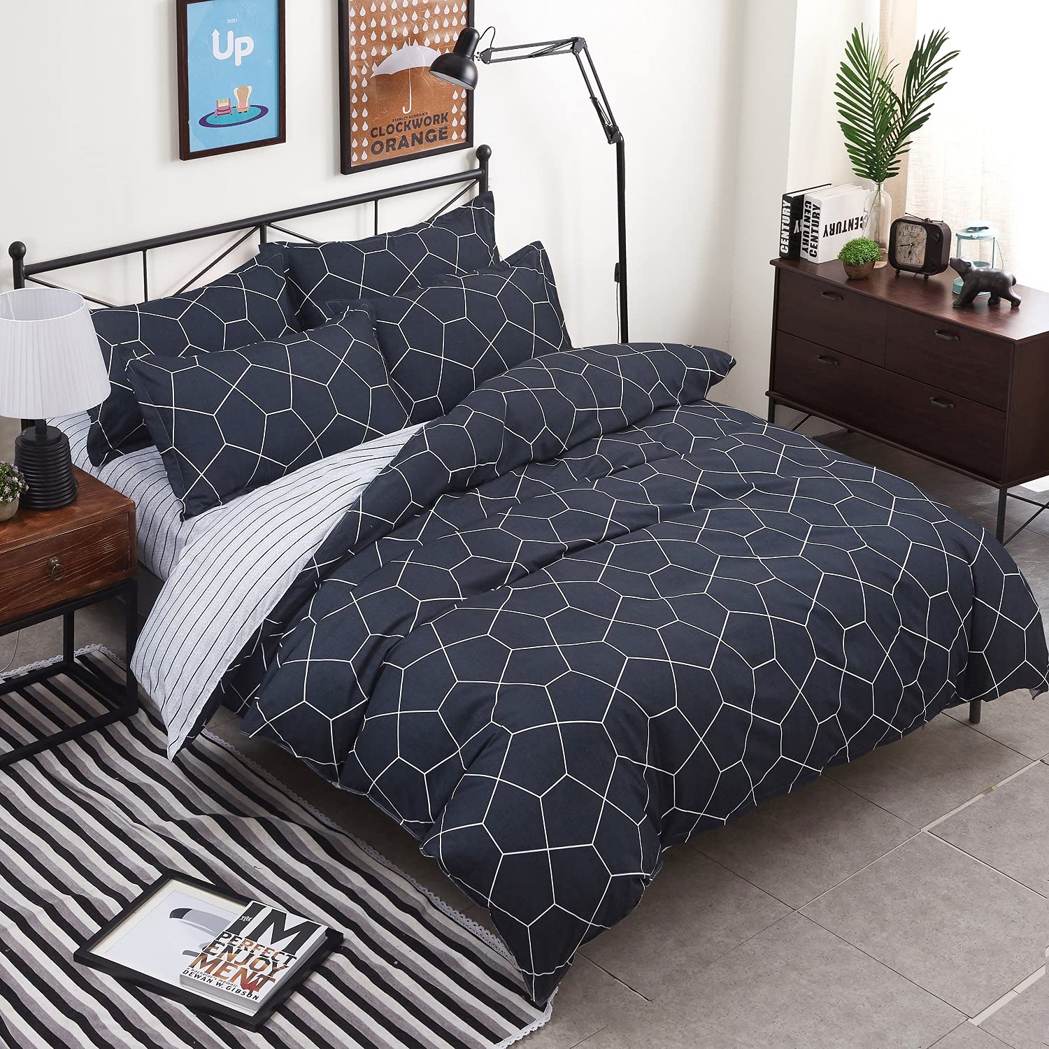 Geometric Diamond Duvet Cover Set - Navy Blue Twin Size Bedding with Zipper Closure, Reversible Quilt Comforter Cover for Kids, Boys & Teens (1 Duvet Cover + 2 Pillow Shams) | Modern Kids Room Decor, Teen Bedroom Upgrade, Soft & Stylish Bedding Set for Boys & Girls