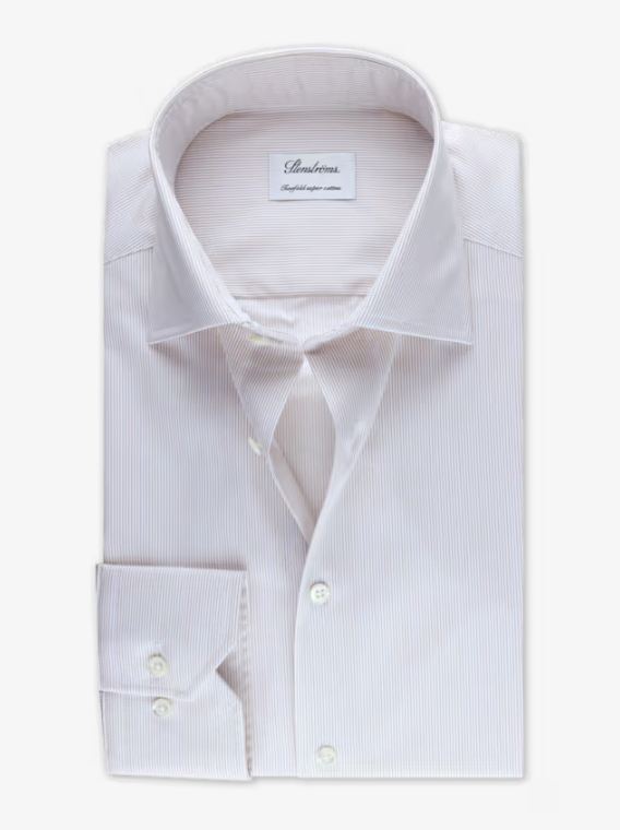 Premium STENSTROMS Men's Tan Striped Dress Shirt - Slim Fit Formal Business Shirt for Office, Wedding & Special Occasions