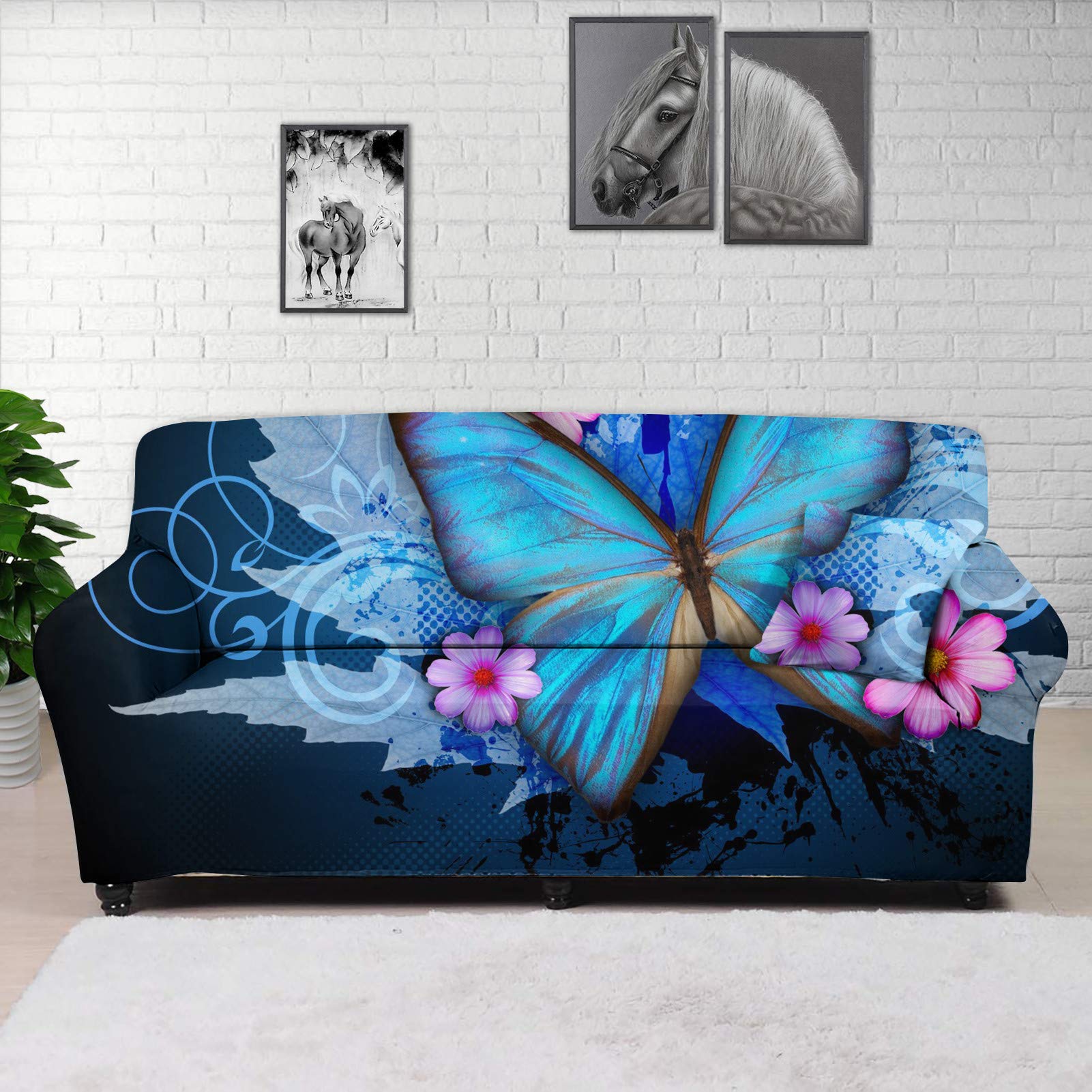 FUSURIRE Stretch Sofa Slipcover for 3 Cushion Couch - Floral Butterfly Print Furniture Protector | Fits Most Couches & Sofas | Blue Patterned Couch Cover for Living Room Decor & Pet Protection