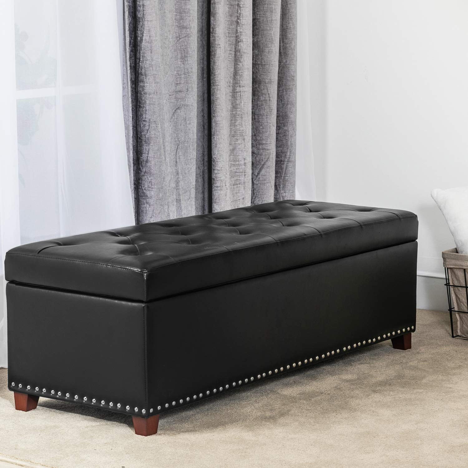 Joveco 47 Inch Tufted Leather Storage Ottoman Bench with Nailhead Trim - Black Footrest Stool for Bedroom, Living Room & Entryway - Multi-Functional Seat & Hidden Storage Space