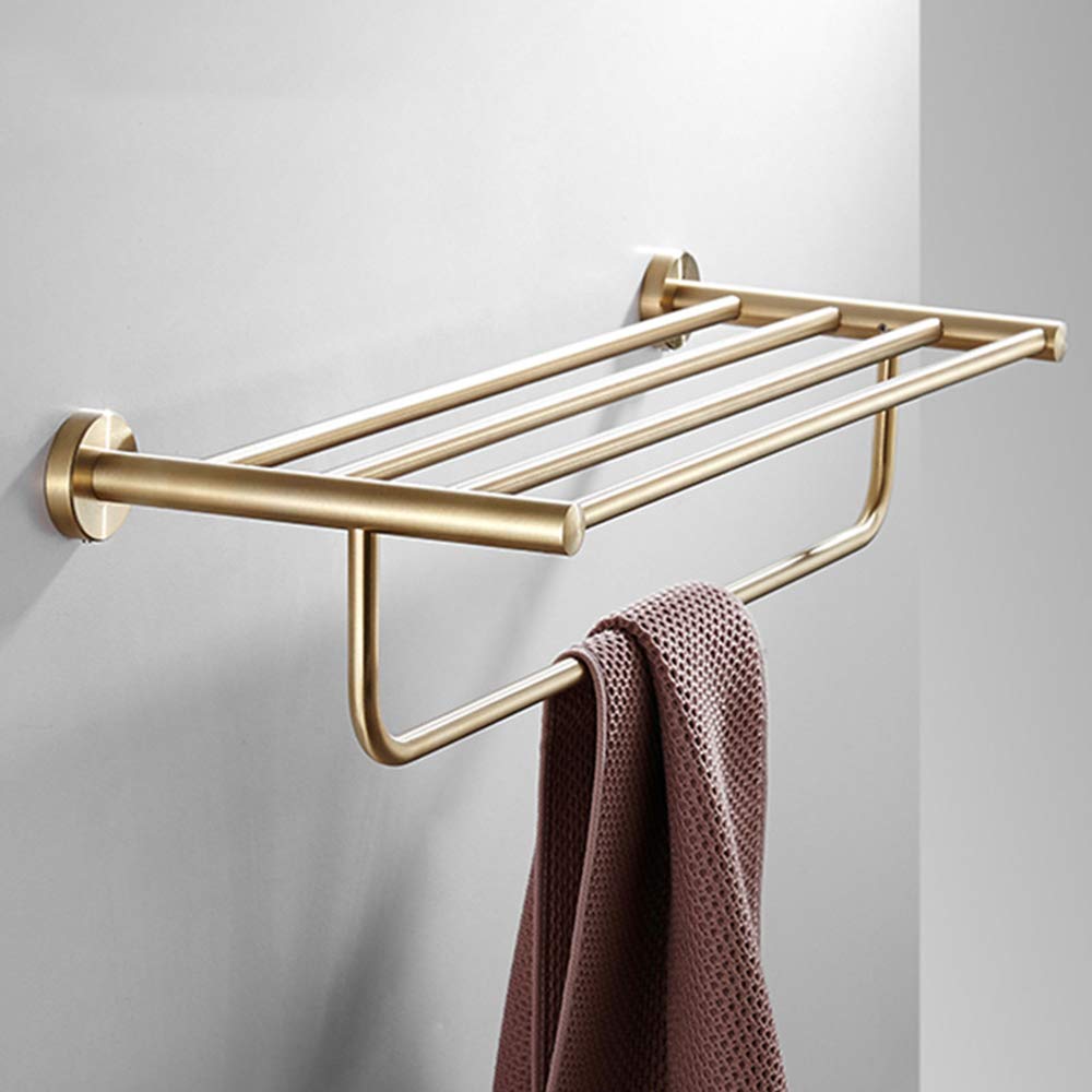 Brass Wall Mounted Double Shelf Towel Rack with Towel Bars - Rustproof Bathroom Storage Organizer for Home, Hotel & Lavatory - Gold Finish | Perfect for Hanging Towels, Robes & Bathroom Essentials