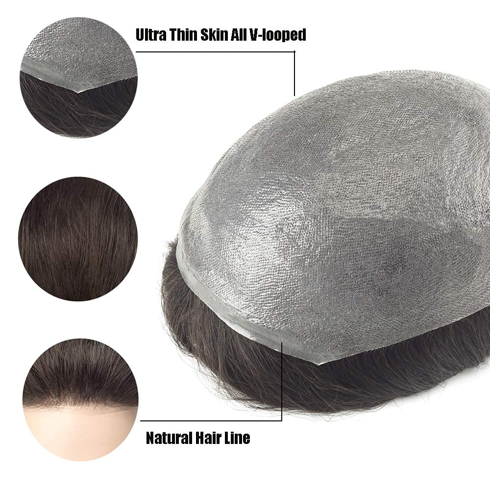 Premium 8x10 Inch Men's Hair System - 0.06mm Super Thin Skin Toupee with 100% Human Hair | V-Loop Ventilation | Natural Dark Light Brown with 20% Gray (#320) | Perfect for Daily Wear, Special Occasions & Hair Loss Solutions