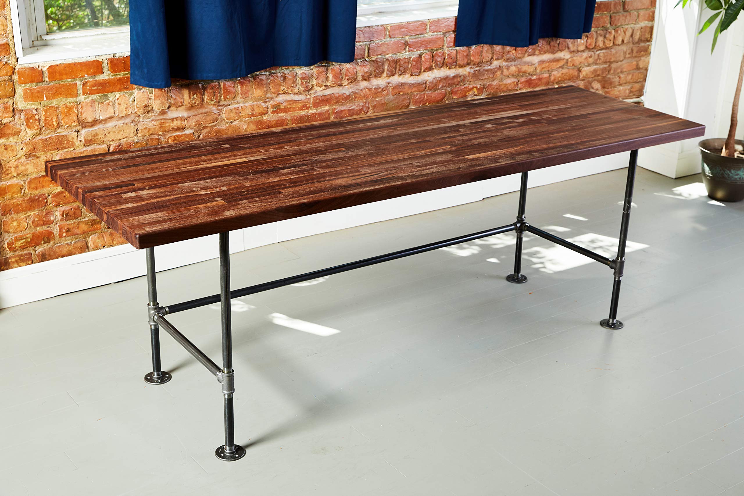 Industrial Black Pipe Desk with Solid Wood Butcher Block Top - Modern Home Office & Study Writing Table for Small Spaces