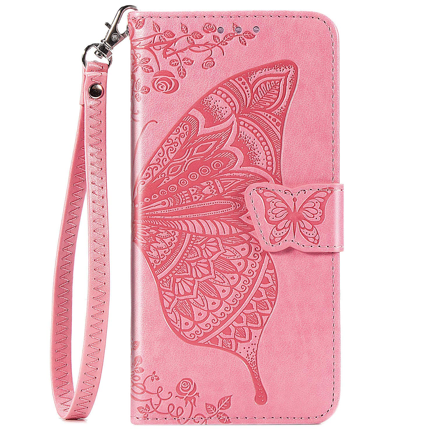 Premium PU Leather Wallet Case for iPhone 13 Pro Max - Flip Cover with Card Slots, Wrist Strap & Kickstand | Butterfly Flower Embossed Design in Pink | Perfect for Everyday Use, Travel & Hands-Free Convenience