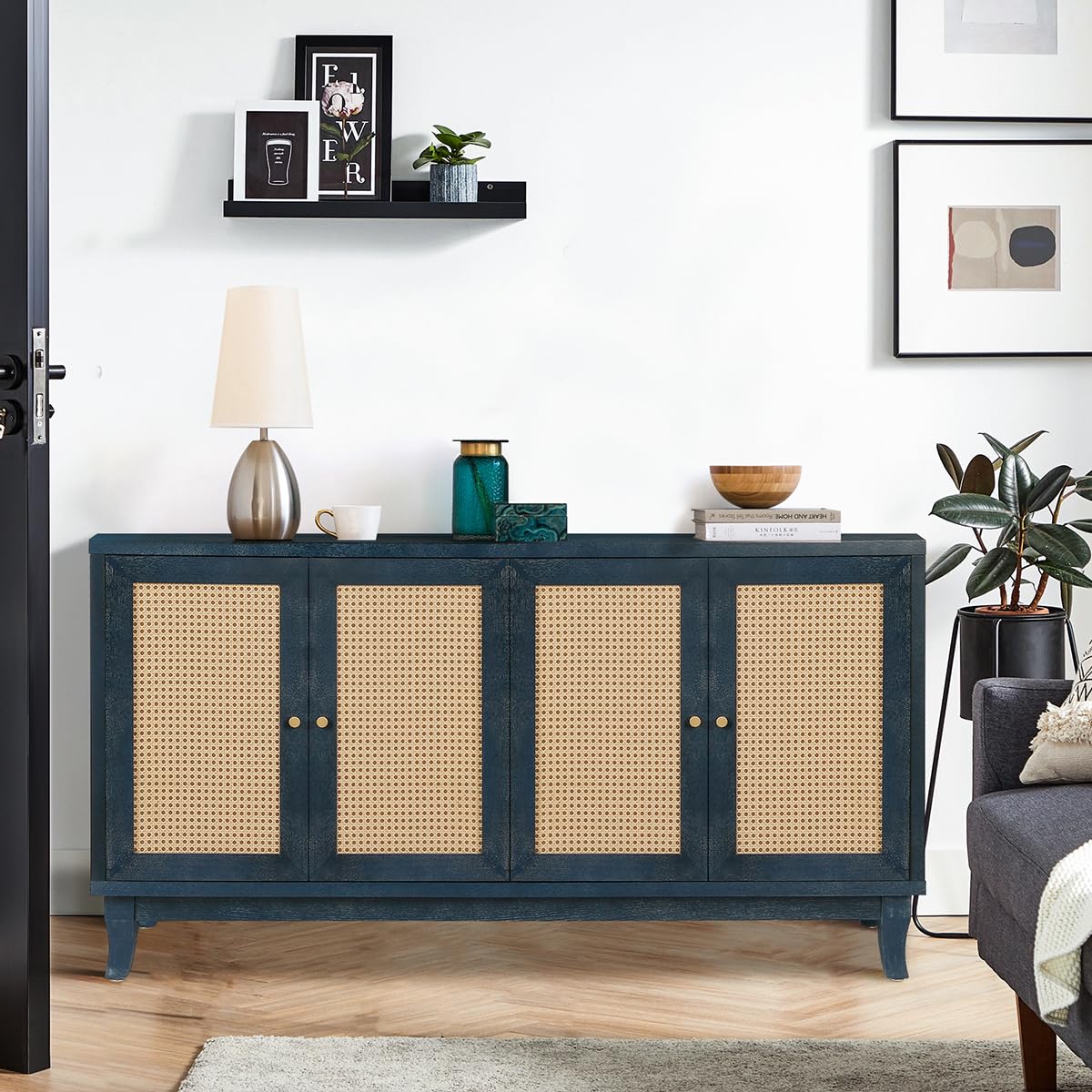 Modern Rattan Sideboard Buffet Cabinet with 4 Woven Doors - Adjustable Shelves Storage Console Table for Living Room, Dining Room & Hallway - Antique Blue Accent Furniture for Farmhouse & Coastal Decor