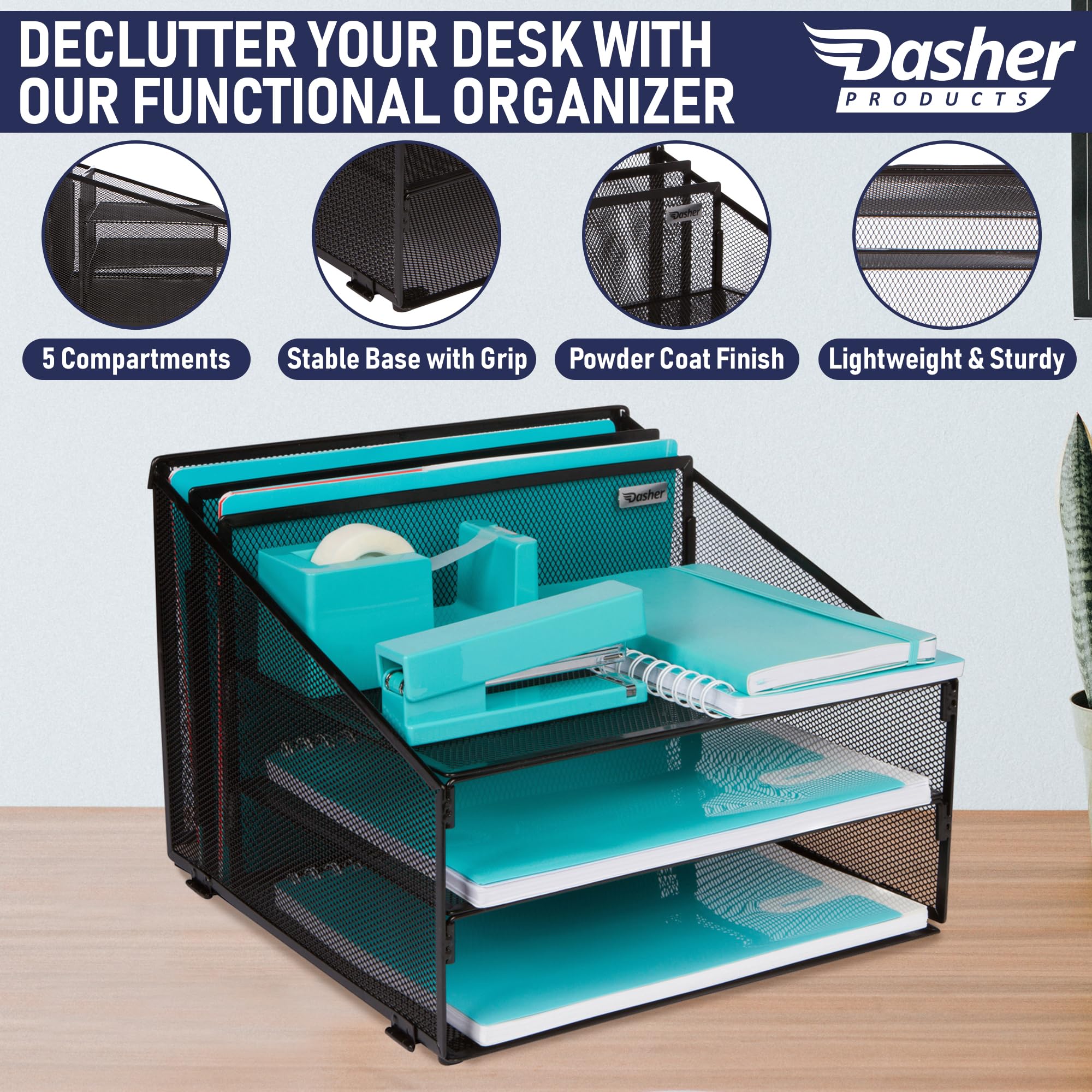 Dasher Products Metal Mesh Office Desk Organizer with 3 Paper Trays & 2 Vertical Sections - Black Desktop File Holder for Letter/A4 Size Documents, Folders & Stationery - Perfect for Home Office Organization & Workspace Accessories