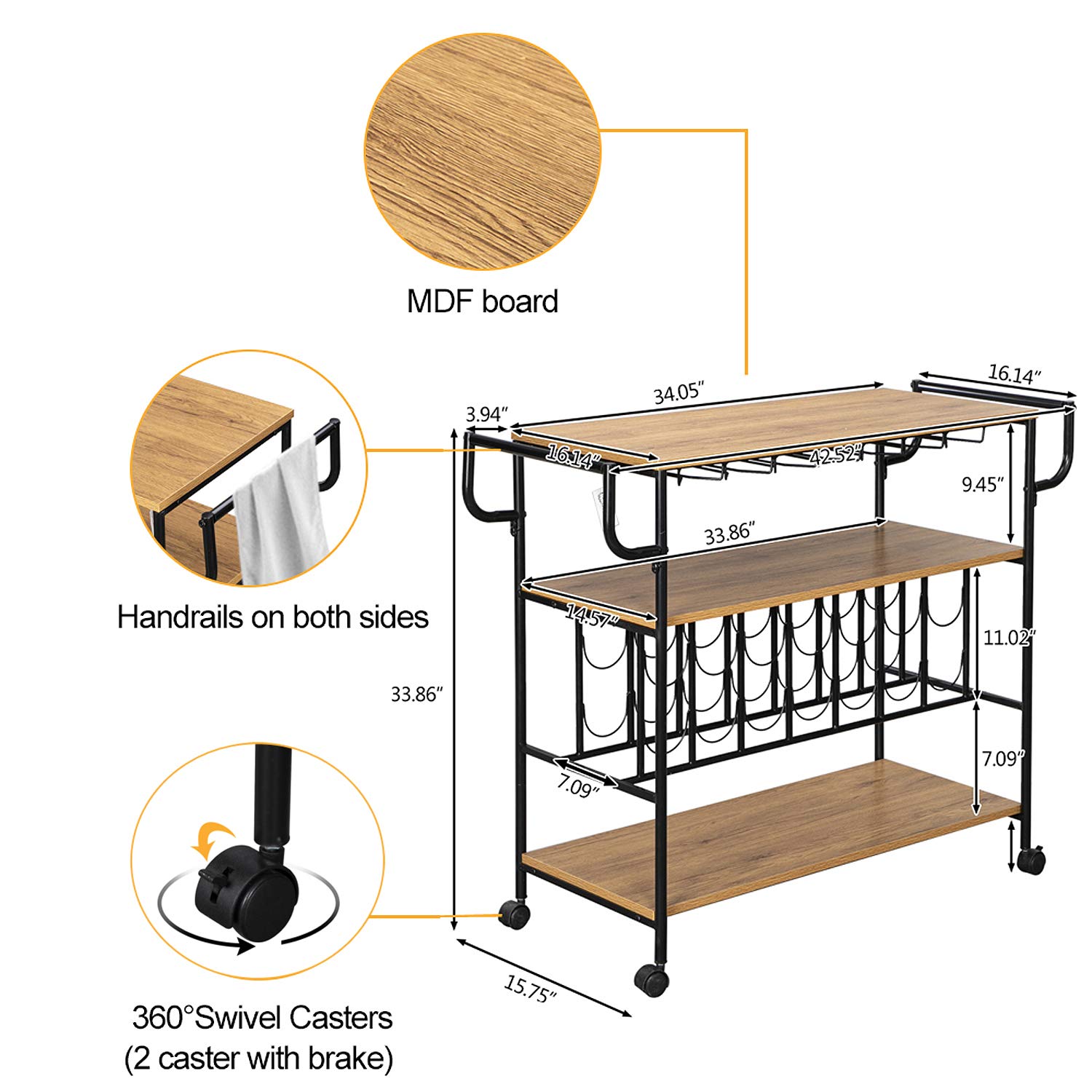 Industrial Wine Cart with Wine Rack & Glass Holder - Rolling Kitchen Bar Serving Cart with Locking Casters & Handle - Perfect for Home, Restaurant, or Party Use (Brown)