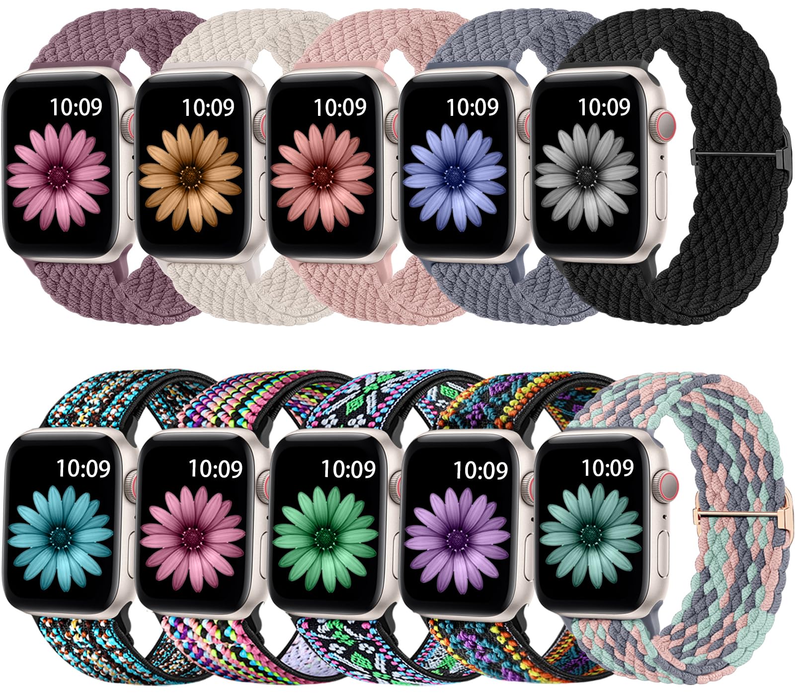 10 Pack Braided Solo Loop Stretchy Bands Compatible with Apple Watch 38mm-49mm for Women & Men - Sport Nylon Elastic Strap for iWatch Ultra/SE/Series 8/7/6/5/4/3/2/1 - Perfect for Workouts, Running & Daily Wear