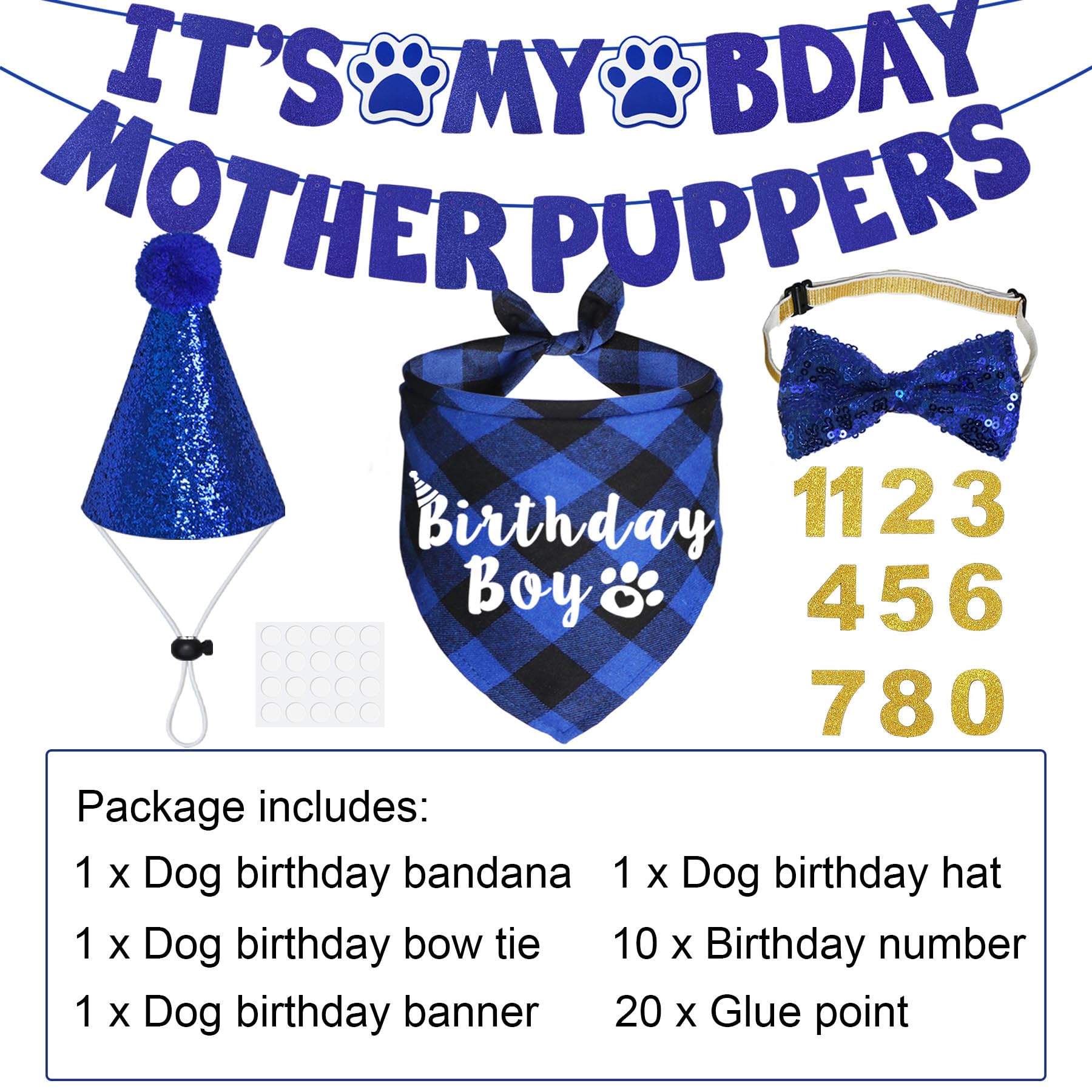 **Blue XL Dog Birthday Bandana, Hat & Bow Tie Set - 