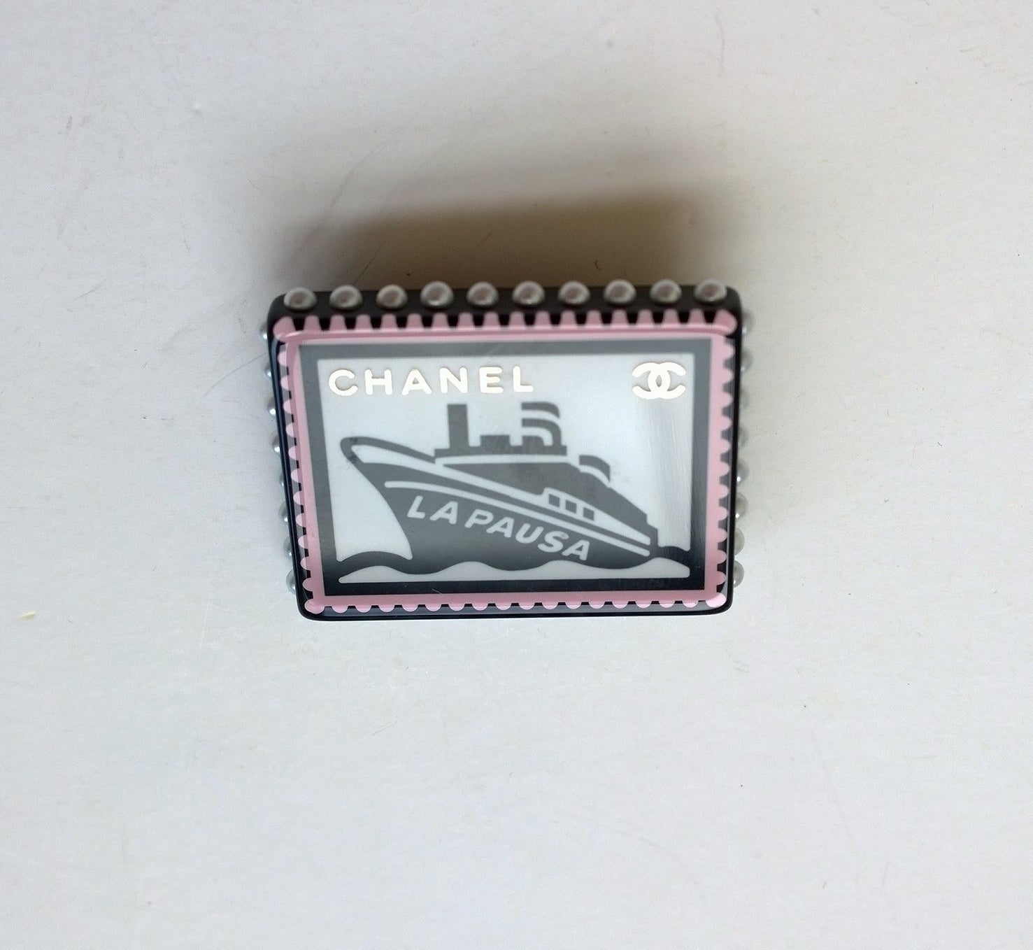 Chanel Yacht Cruise Resin Stamp Brooch Pin with Pearl Details - Elegant Fashion Accessory for Women's Clothing, Dresses, Jackets & Hats