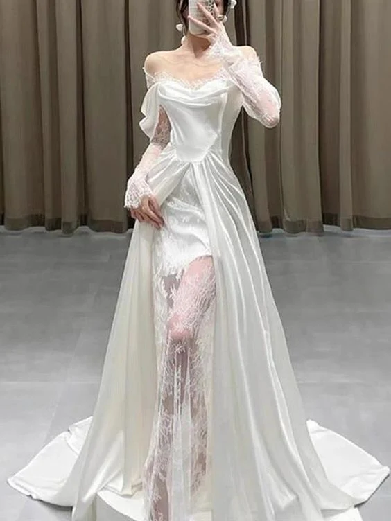 Elegant A-Line Wedding Dress with Long Lace Sleeves - Satin Prom Gown J4499 | Perfect for Bridal, Formal Events & Special Occasions