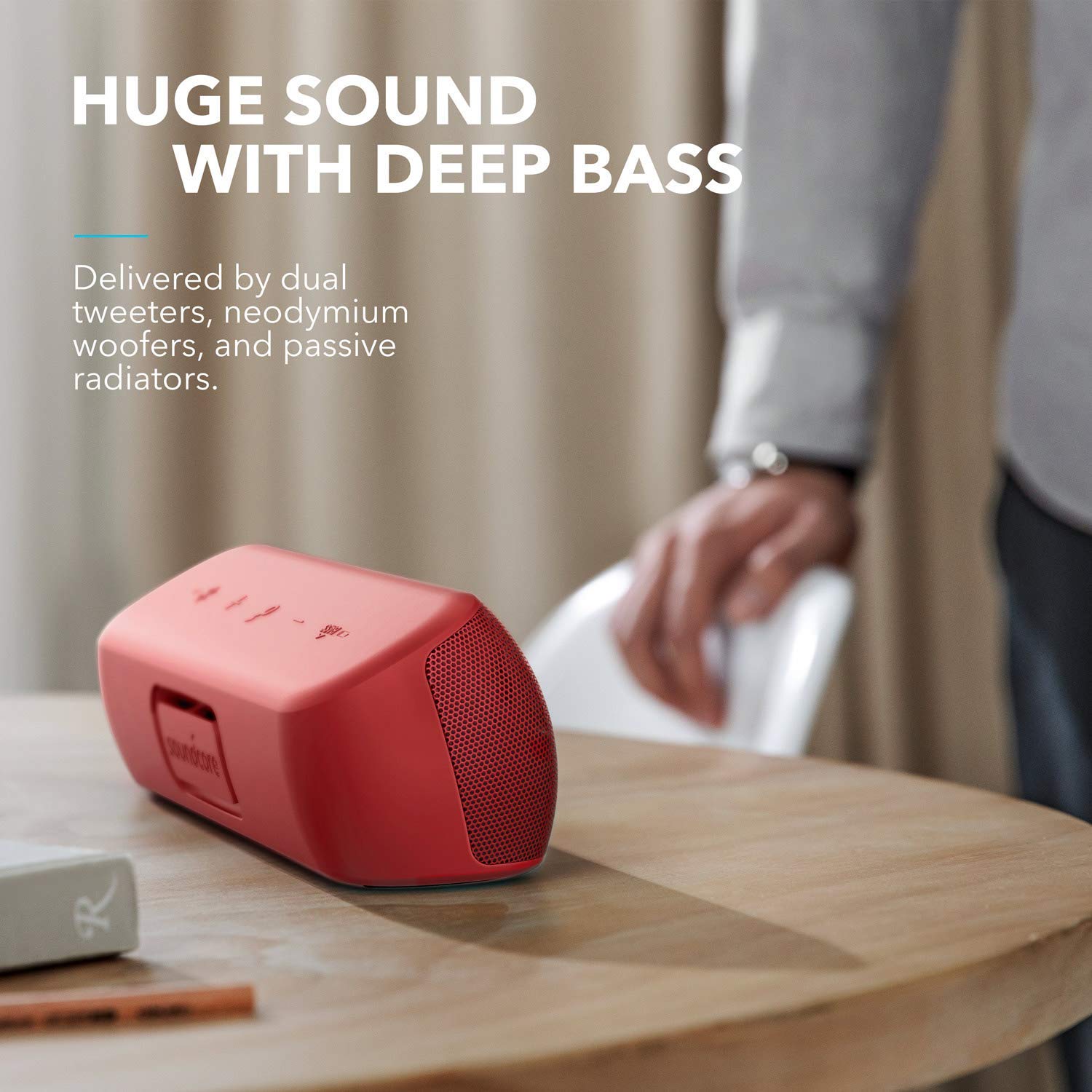 Anker Soundcore Motion+ Bluetooth Speaker - 30W Hi-Res Audio, Deep Bass & Crisp Treble, Wireless HiFi with App Control, Custom EQ, 12H Playtime, IPX7 Waterproof, USB-C (Renewed, Red) - Perfect for Outdoor Adventures, Pool Parties & Home Entertainment