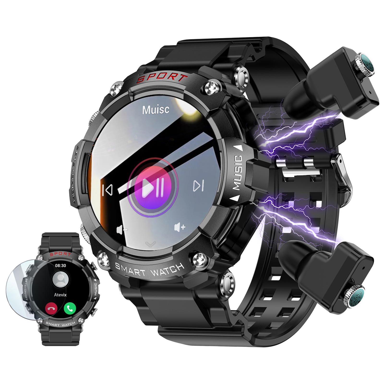 1.52'' HD Rugged Military Smart Watch with Bluetooth Earbuds - 3-in-1 Fitness Tracker with Heart Rate Monitor, Sleep Tracking & Local Music Storage | Perfect for Outdoor Activities, Workouts & Daily Use