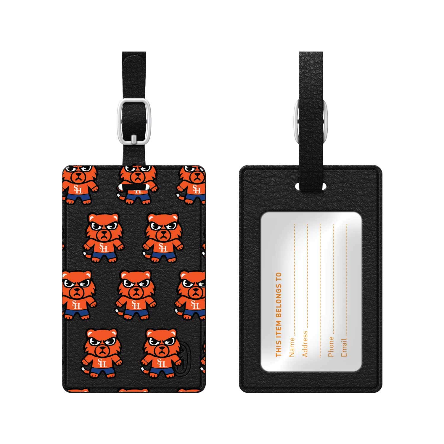 OTM Essentials Sam Houston State University Faux Leather Luggage Tag - Durable Adjustable Strap Travel ID Tag with Tokyodachi Mascot V1 (Black) - Perfect for College Travel, Business Trips & Vacation Suitcases