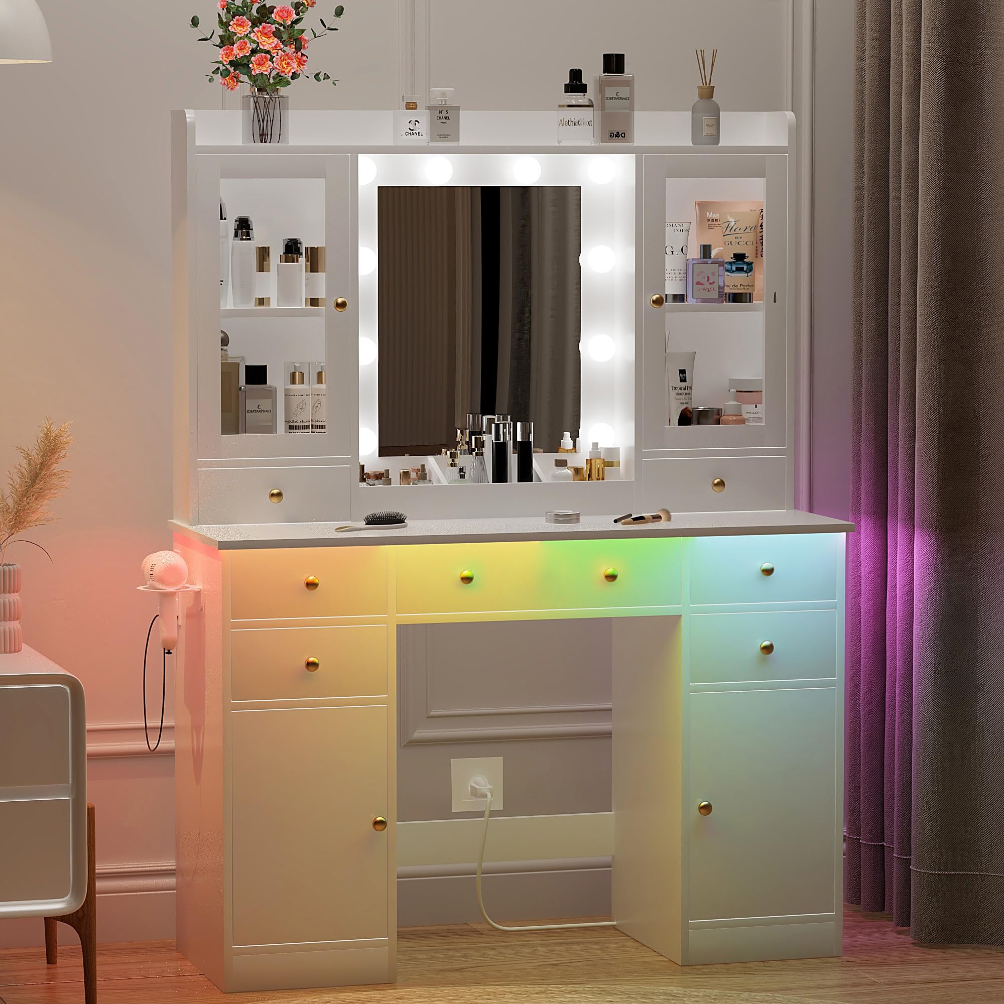 Vanity Desk with Mirror and LED Lights - White Makeup Vanity Set with Adjustable 3-Color Lighting, Built-in Charging Station & Matching Chair - Perfect for Women's Bedroom, Dressing Room or Beauty Salon