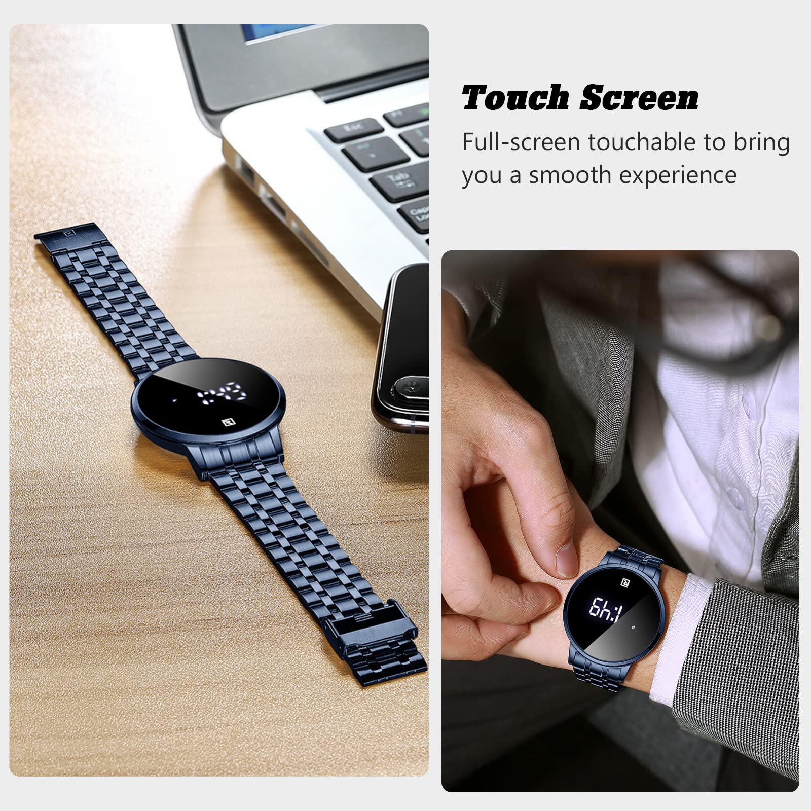 RORIOS Men's Digital Sports Watch - Touch Screen, Stainless Steel Strap for Running & Fitness