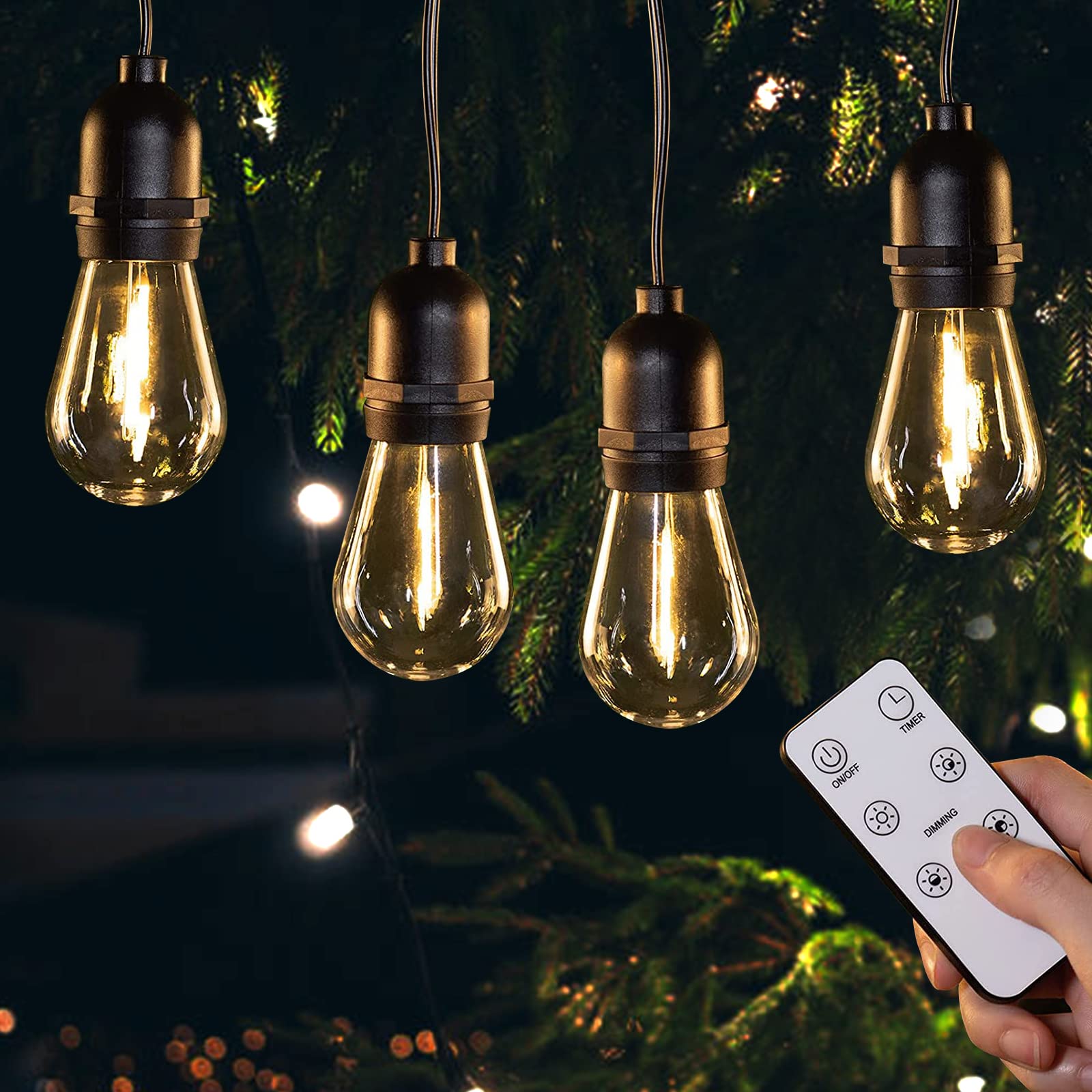 MONKEYD 52Ft Dimmable LED Outdoor String Lights Waterproof - 15+1 Shatterproof Edison Bulbs with Remote Dimmer, 4 Brightness Modes for Patio, Porch, Backyard, Bistro, Garden Party & Wedding Decorations