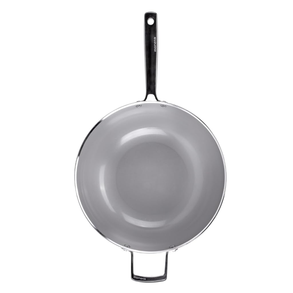 Moneta Armonia Finegres 32cm Wok Pan with 1 Handle + 1 Helper Handle, Natural FineGres Coating (PFAS-Free), Induction Compatible - 100% Made in Italy - Perfect for Stir-Frying, Sautéing & Asian Cooking