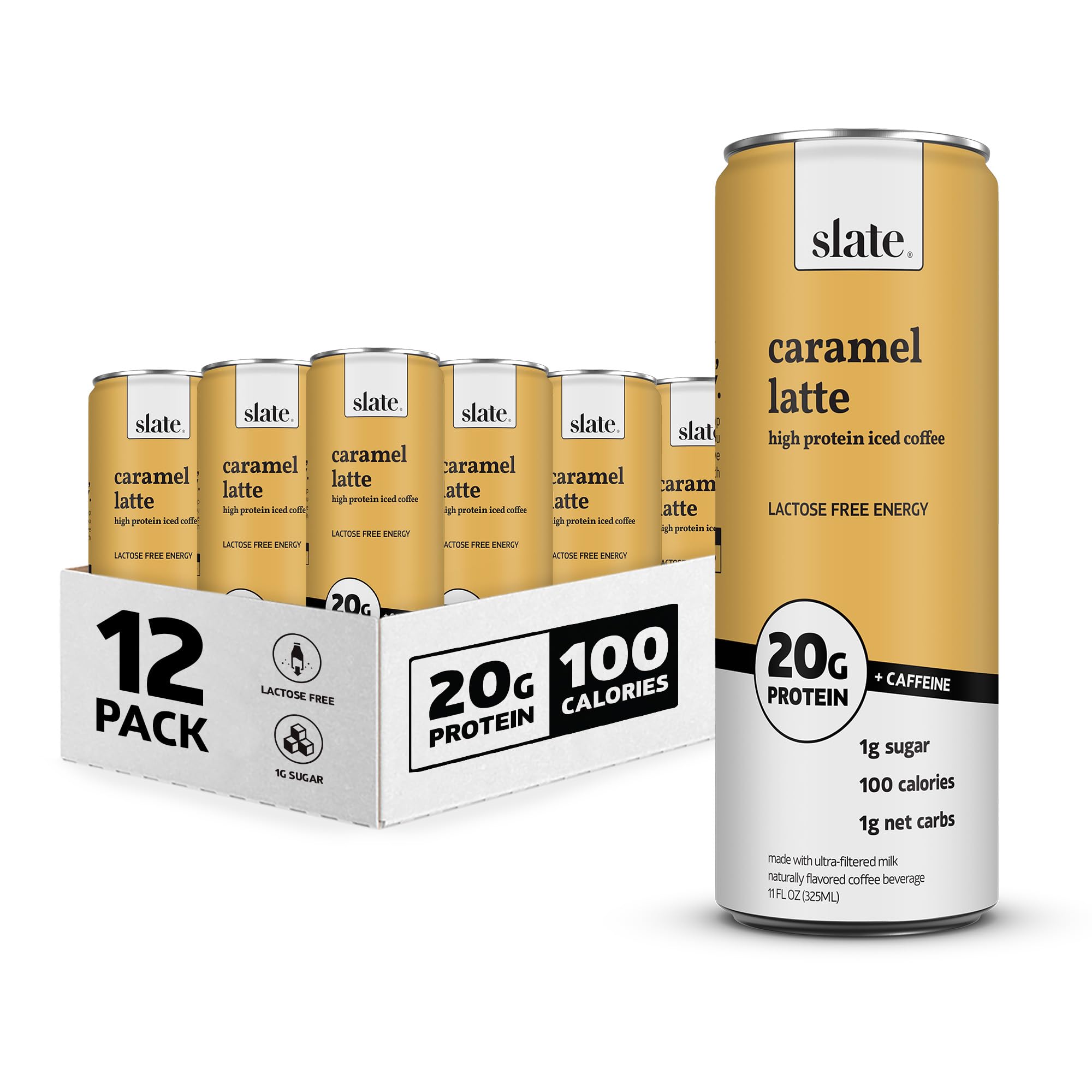 High Protein Iced Coffee - Slate Milk Caramel Latte (11 fl oz, 12 Cans) - 20g Protein, 1g Sugar, 100 Calories | Lactose Free, 175mg Caffeine Energy Boost | Keto Friendly, No Sugar Added | Perfect for Workouts, Office & On-the-Go Energy