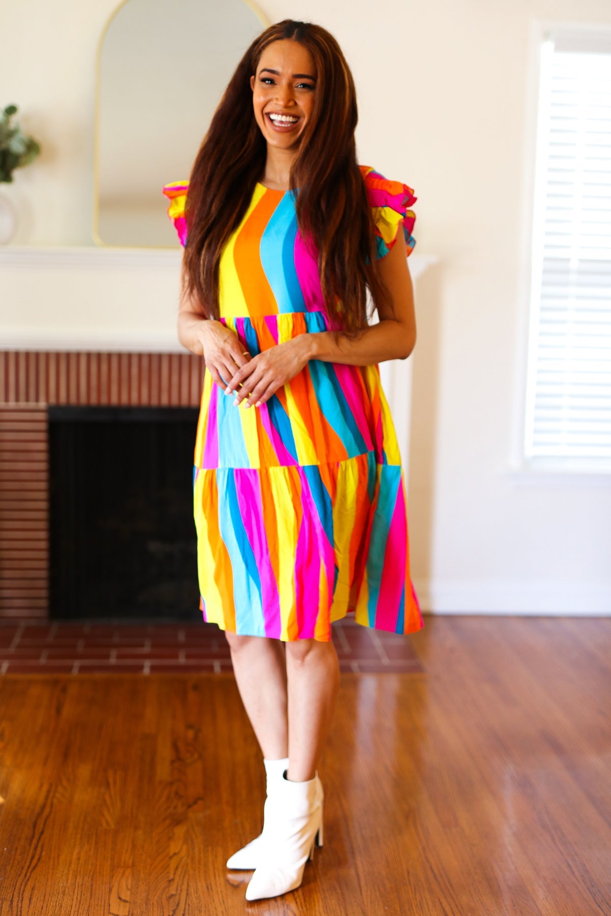 Eyes On You Multicolor Abstract Print Smocked Ruffle Sleeve Dress for Women | Flowy Summer Dress for Beach, Party & Date Night