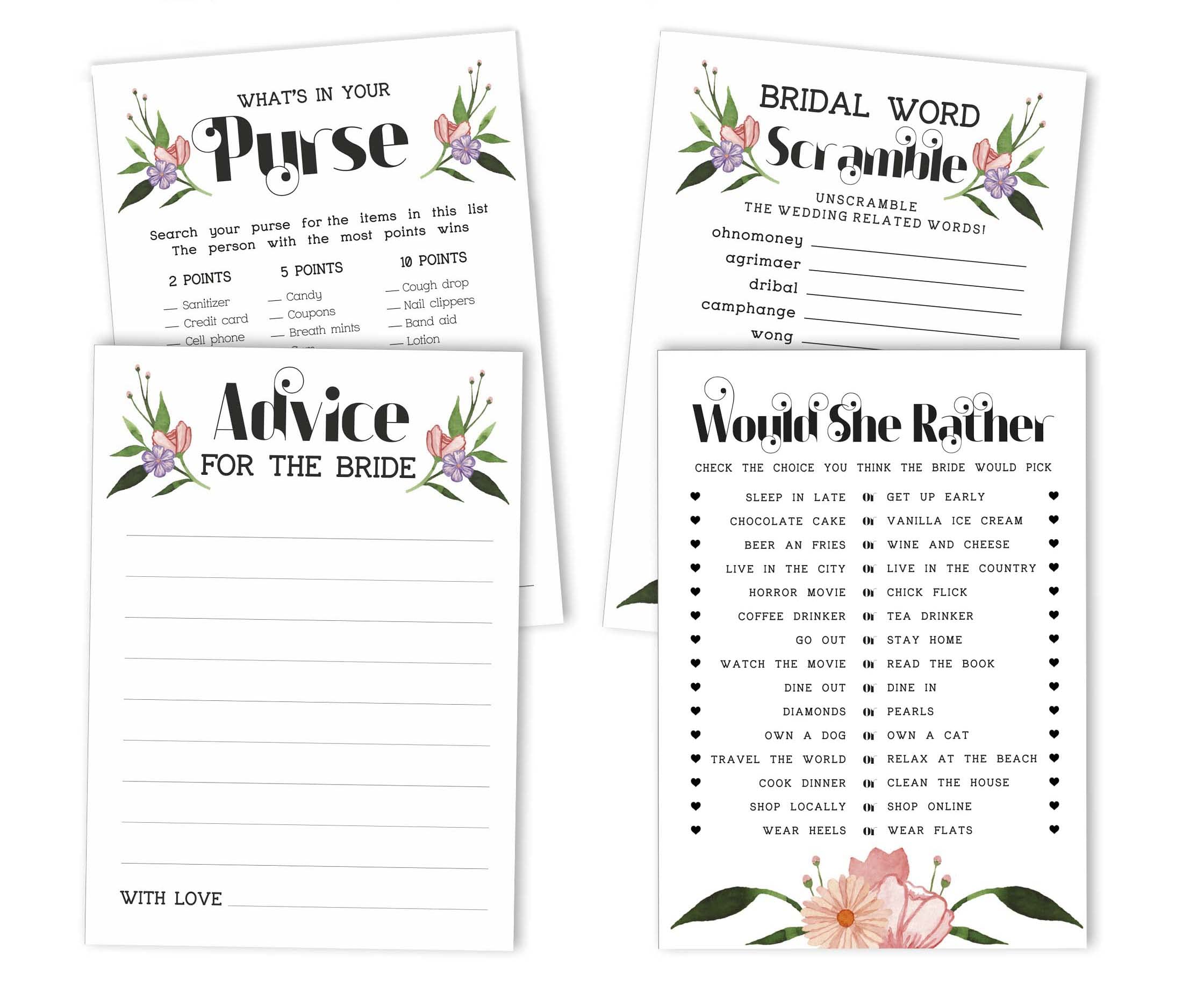 Floral Bridal Shower Game Set of 4 (50 Sheets Each) - Fun Bachelorette Party Games Bundle for Wedding Celebrations and Bridal Events