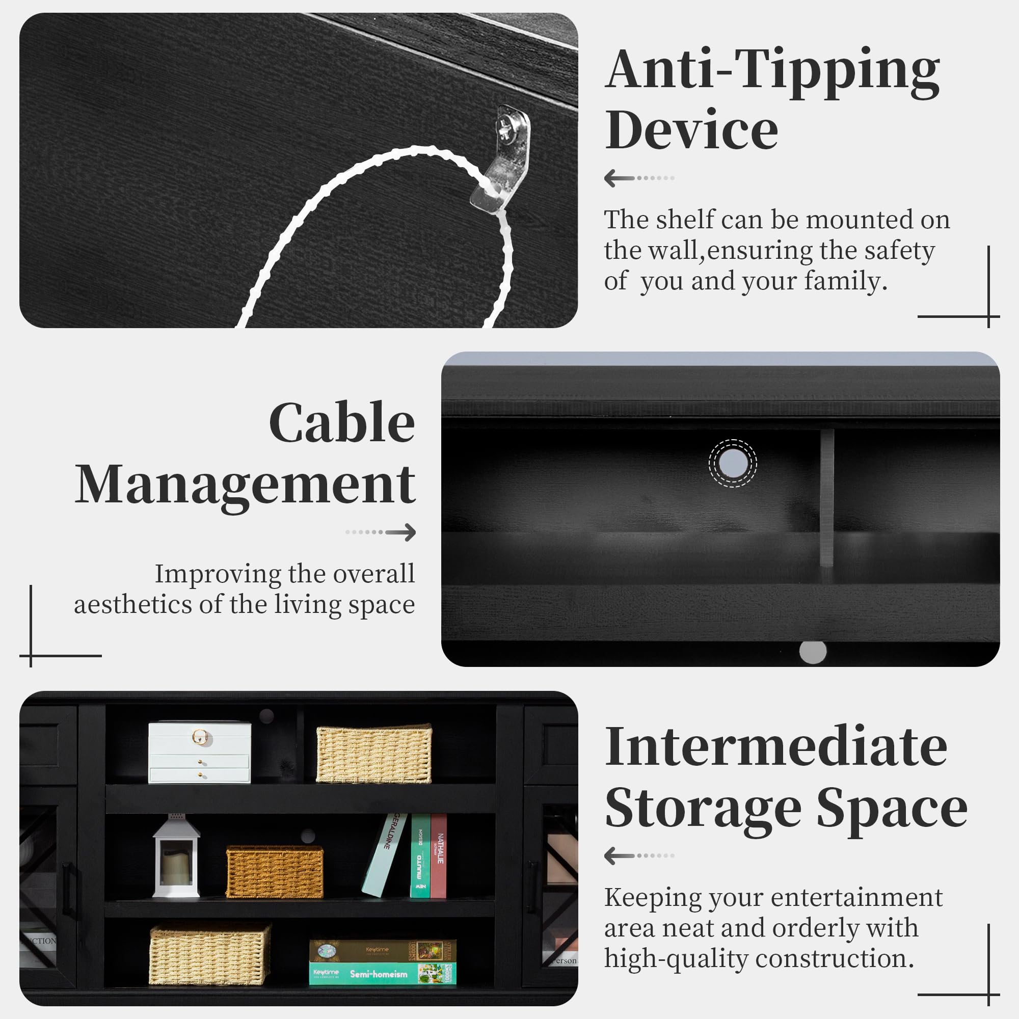 70 Inch Modern Farmhouse TV Stand for 80 Inch TVs - Wooden Entertainment Center with LED Lights & Glass Doors - Living Room & Bedroom Storage Cabinet (Black) | Perfect for Home Theater Setup & Media Organization