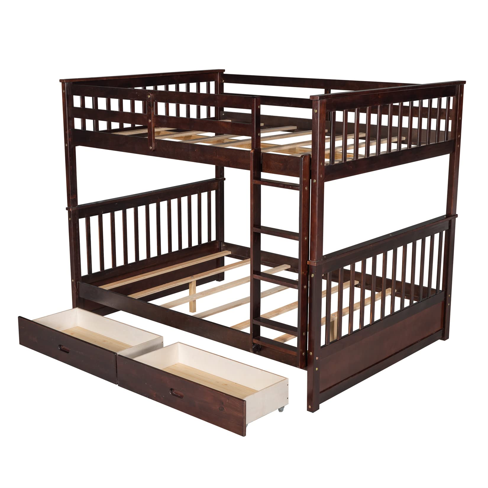 Full Over Full Bunk Beds with 2 Drawers for Kids & Teens - Detachable Wooden Bunk Bed Frame for Boys & Girls - Espresso Finish - Space Saving Kids Bedroom Furniture for Siblings or Sleepovers