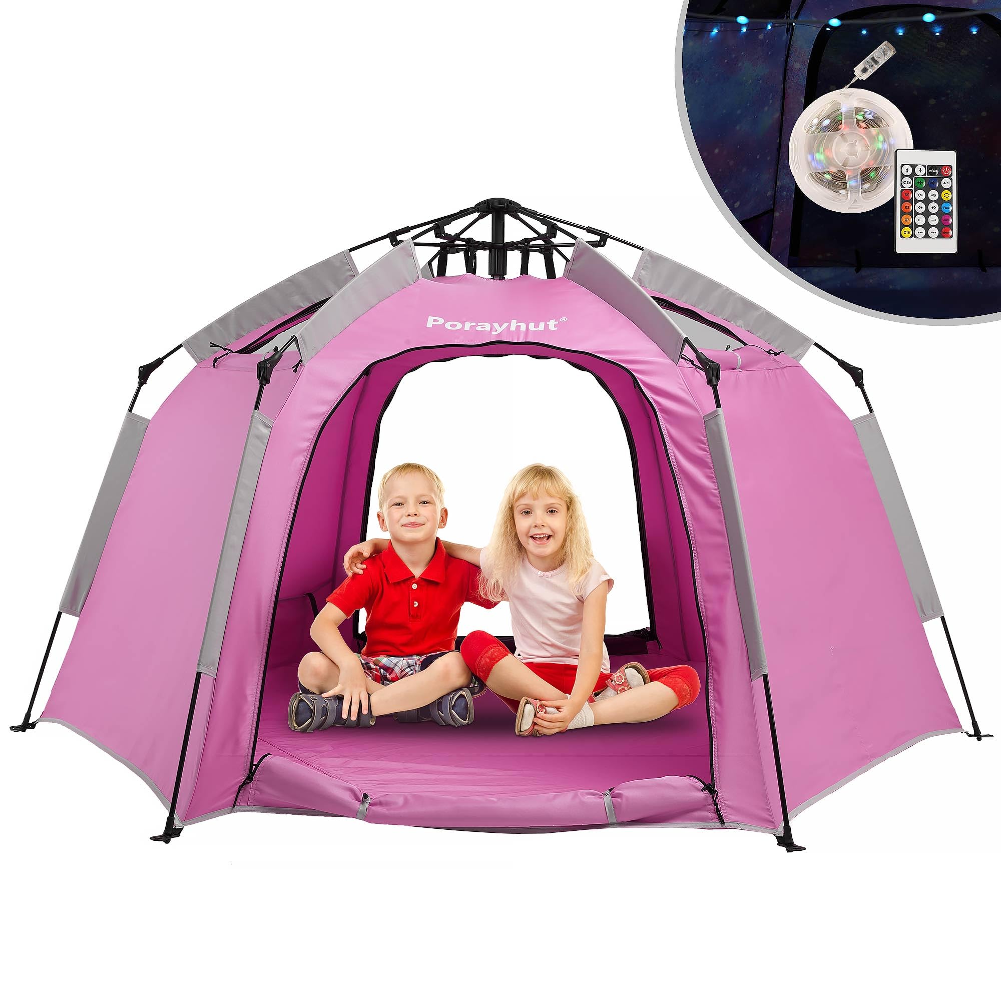 Portable Hexagon Kids Play Tent with LED Strip Lights - Indoor Children's Playhouse, Easy Setup Space Tent for 4-5 Kids | Perfect for Bedroom Play, Birthday Gifts & Dreamy Nighttime Adventures
