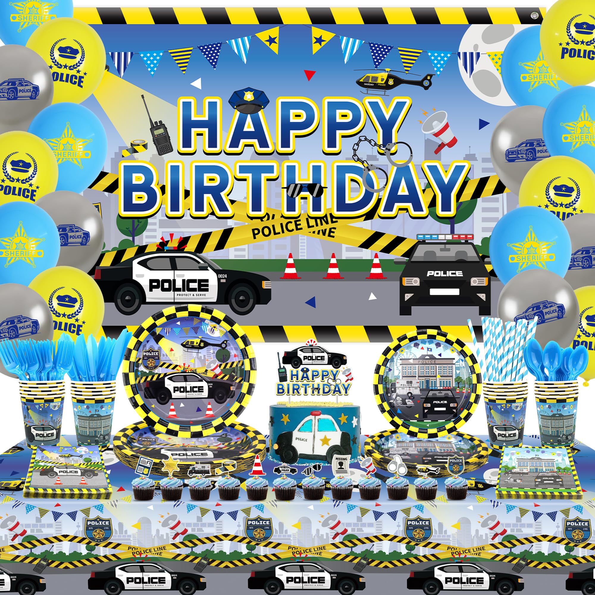 KEFAN Police Birthday Party Decorations Set - Includes Happy Birthday Backdrop, Plates, Cups, Napkins, Tablecloth & Balloons - Police Theme Party Supplies for Kids - Serves 20 Guests - Perfect for Police Officer Birthday Parties, Themed Events & Law Enforcement Celebrations