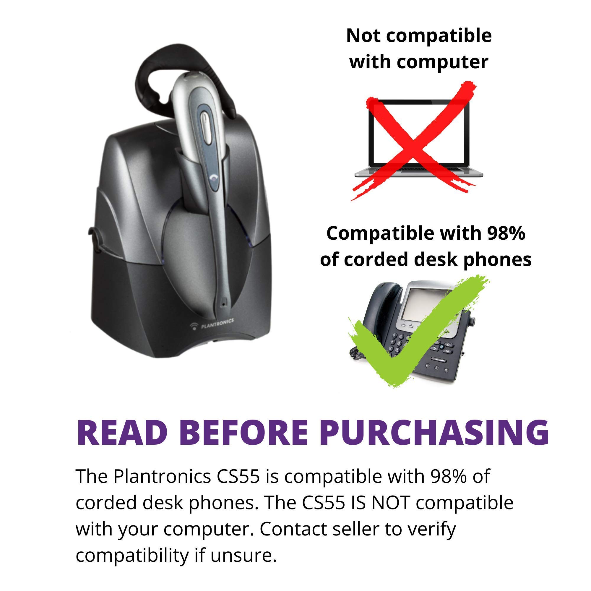Plantronics CS55 Wireless Office Headset System Bundle with Headset Advisor Wipe (Renewed) - Noise Cancelling Headphones for Clear Calls, Remote Work & Office Communication