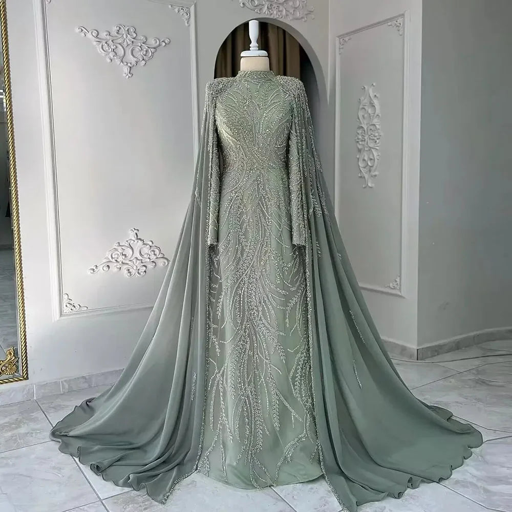 Luxury Dubai Muslim Sage Green Mermaid Cape Sleeves Beaded Satin Evening Gowns for Women - Elegant Party Dresses for Weddings, Galas & Special Occasions