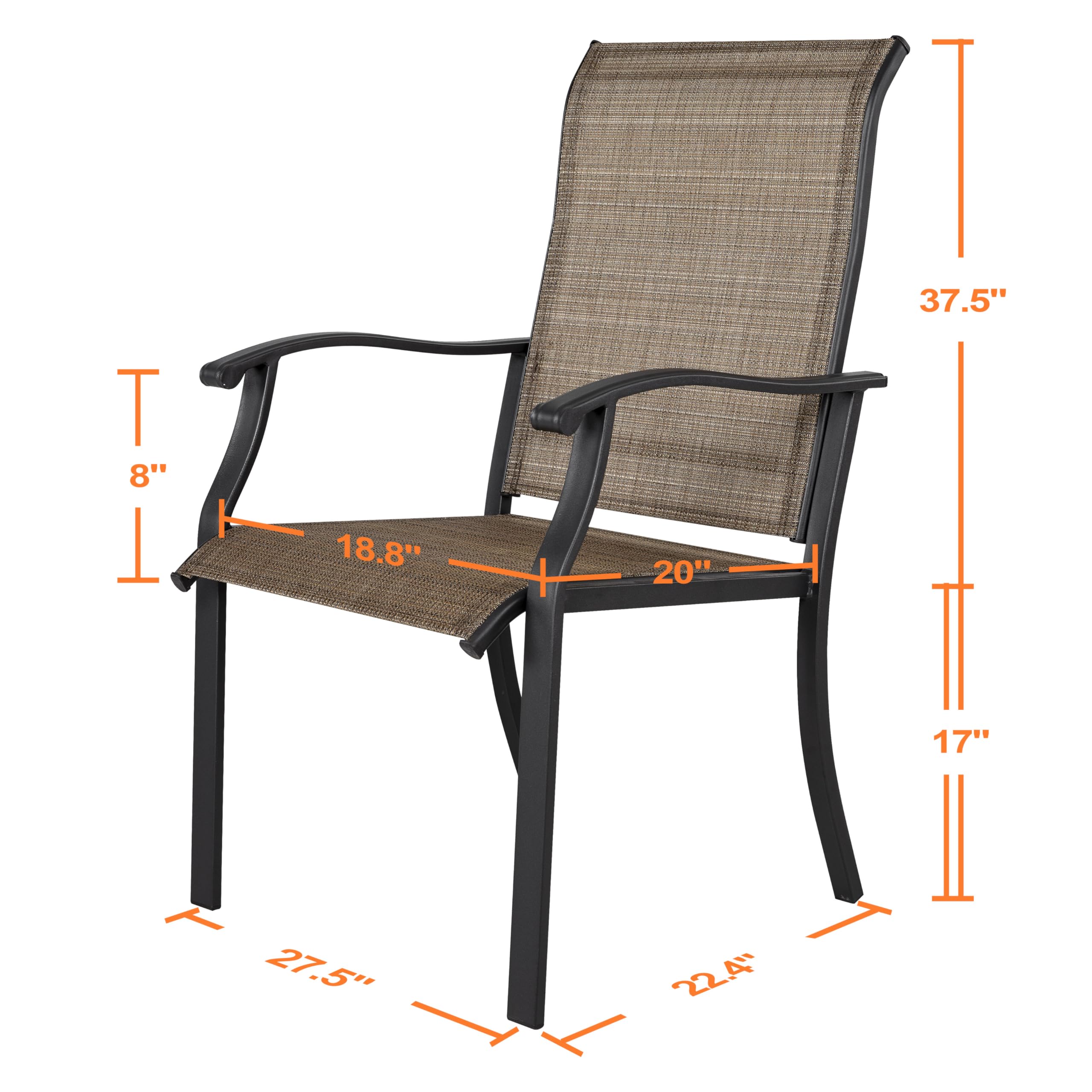 NUU GARDEN Patio Dining Chairs Set of 2 - Indoor/Outdoor Textilene High Back Chairs with Armrests & Iron Frame (Black & Brown) - Perfect for Backyard, Garden, Poolside & Restaurant Outdoor Seating