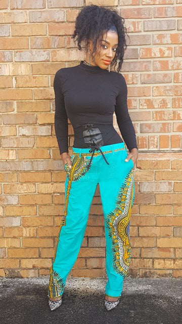 Women's Aqua Dashiki Print Pants DP3780 - Stylish African-Inspired Lounge Pants for Casual Wear, Yoga & Beach Outfits