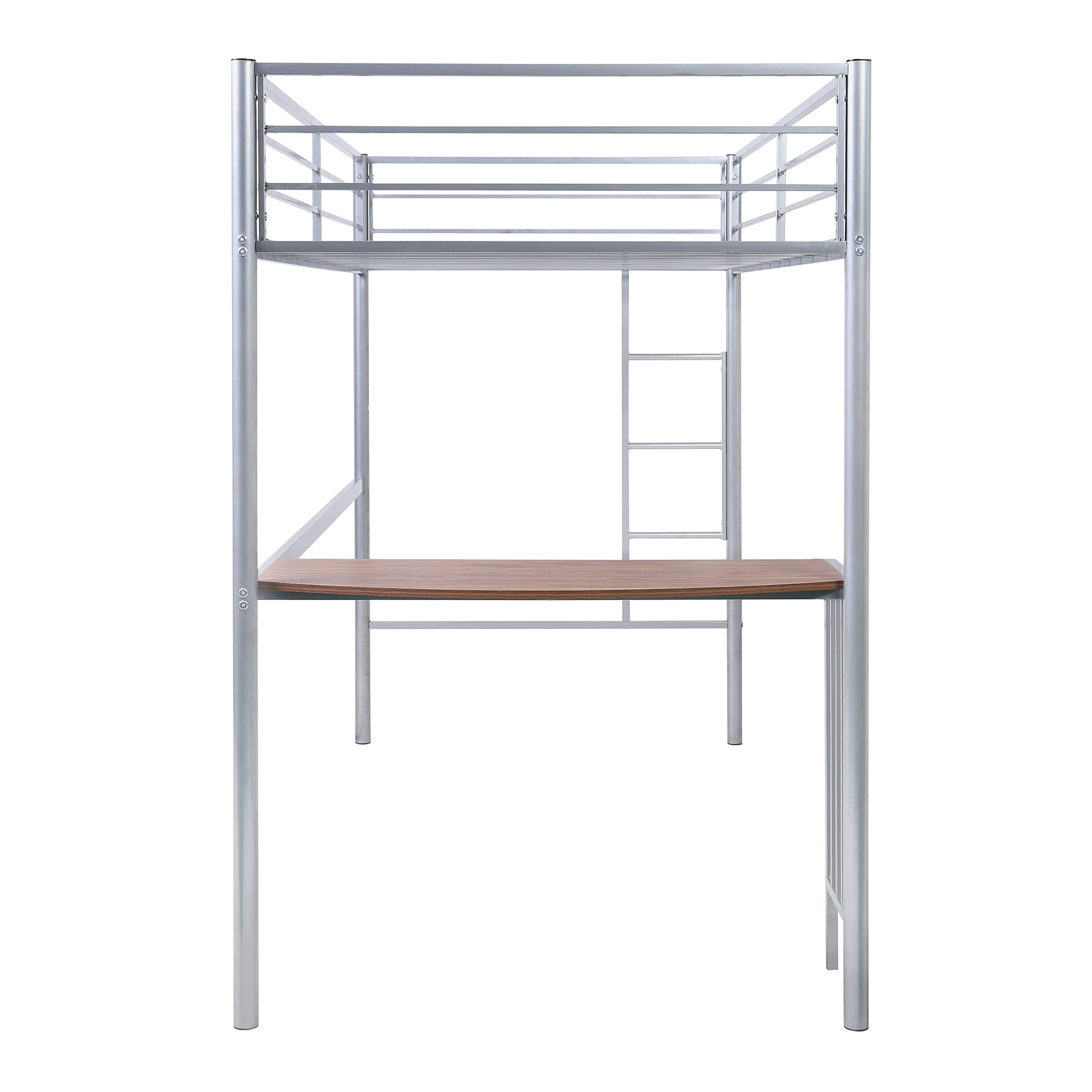 **Metal Loft Bed Frame with Ladder & Guardrails - Twin Size Bunk Bed with Built-in Desk & Bookcase - Space-Saving Loft Bed for Kids & Teens - Perfect for Small Bedrooms, Dorms & Studio Apartments (Silver)**