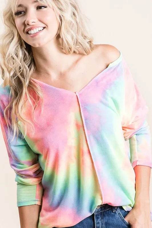 Bibi Tie Dye Terry Top with Contrast Stitching - Soft Pastel Colors | Women's Casual Loungewear for Summer & Beach