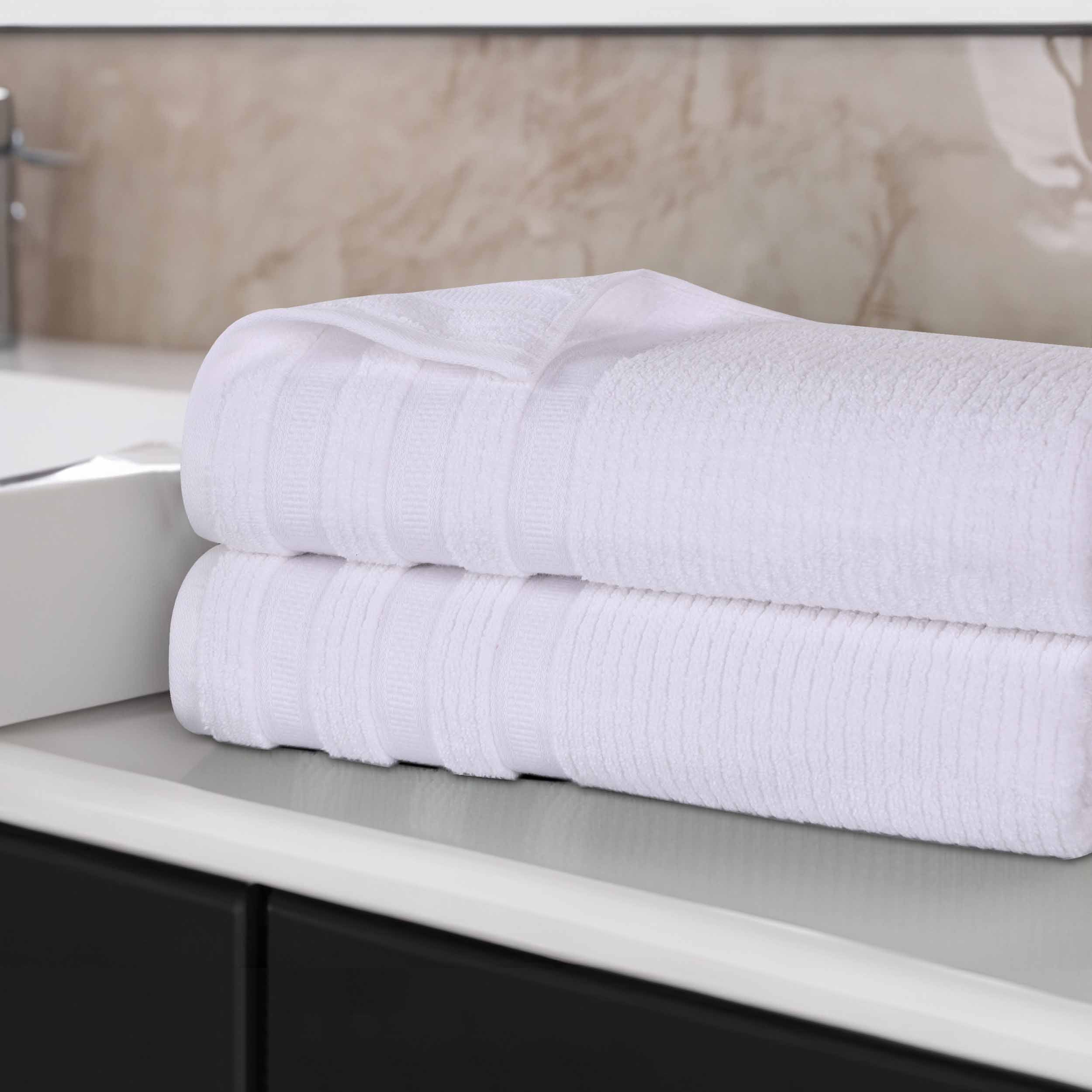 Premium Zero Twist Cotton Ribbed Geometric Border Plush Bath Sheet Set of 2 - Ultra Soft & Absorbent Luxury Towels for Spa, Bathroom & Beach Use