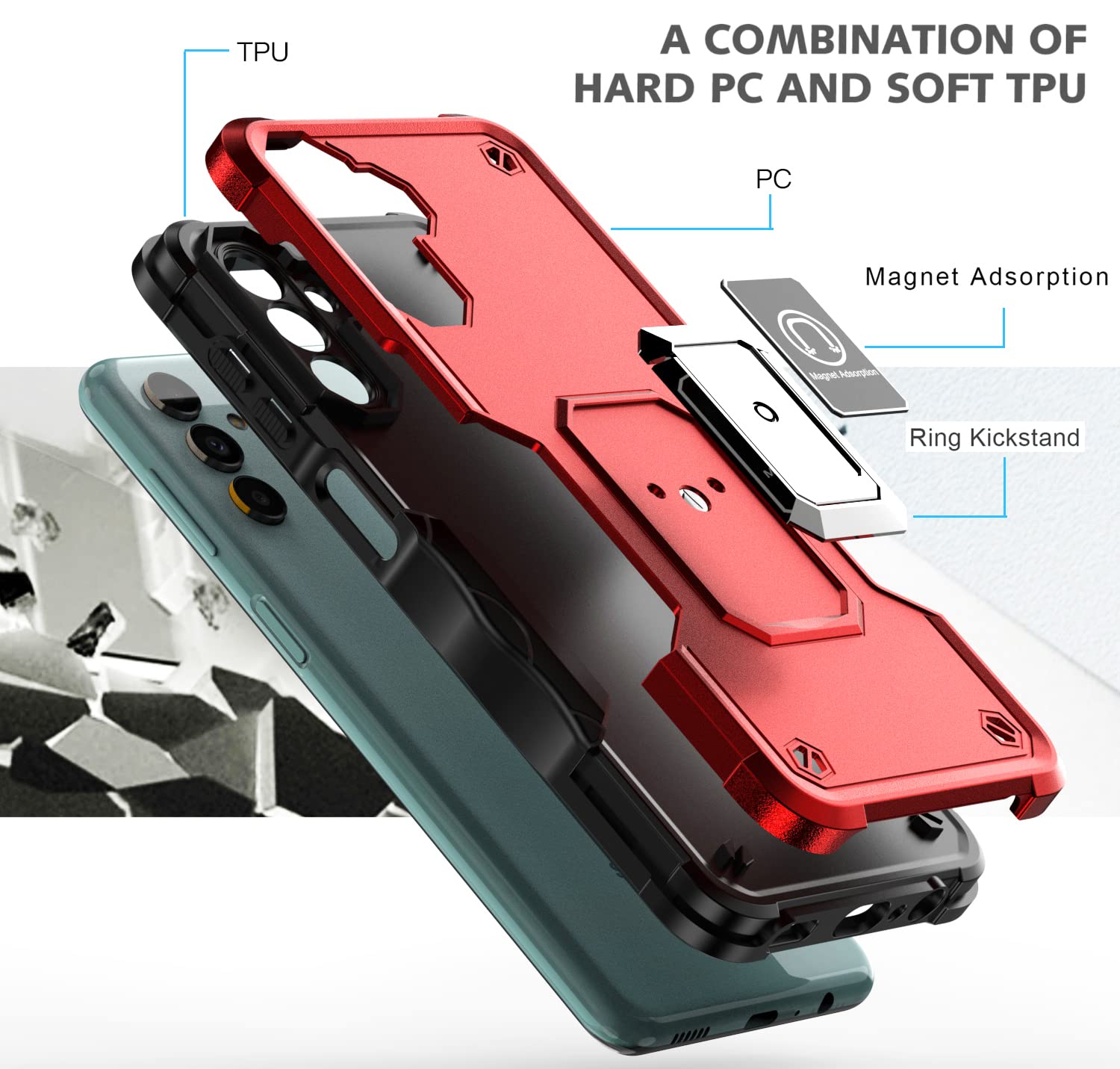 Durable Protective Phone Case with Ring Stand for Samsung Galaxy A13 5G (SM-A136) & A04S (SM-A047) - Shockproof Cover with Kickstand - Perfect for Work, Travel & Everyday Use - RS6 Black