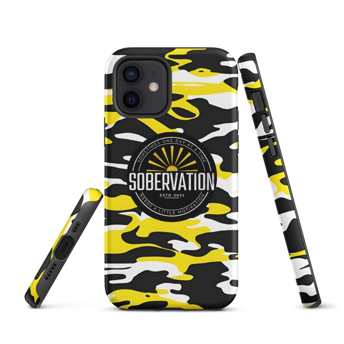 Sobervation Yellow Camo iPhone Case - Durable Shockproof Protective Cover for iPhone 14/13/12/11 Pro Max XR XS - Perfect for Outdoor Adventures, Hiking & Travel