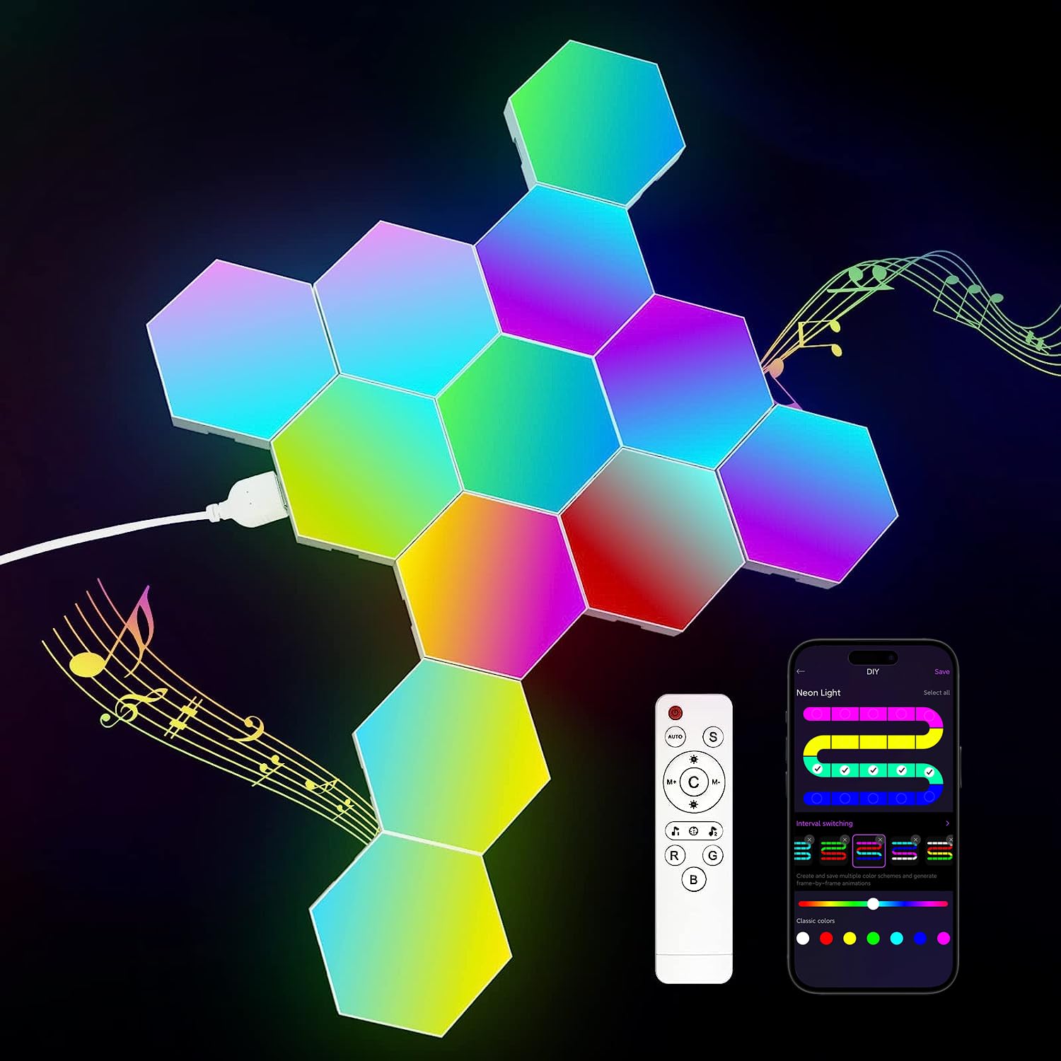 12 Pack Smart RGB Hexagon LED Light Panels - APP & Remote Control, Music Sync Wall Lights for Gaming, Living Room, Bedroom Decor | Cool Ambient Lighting for Adults & Kids | Perfect for Parties, Gaming Setup & Home Decoration