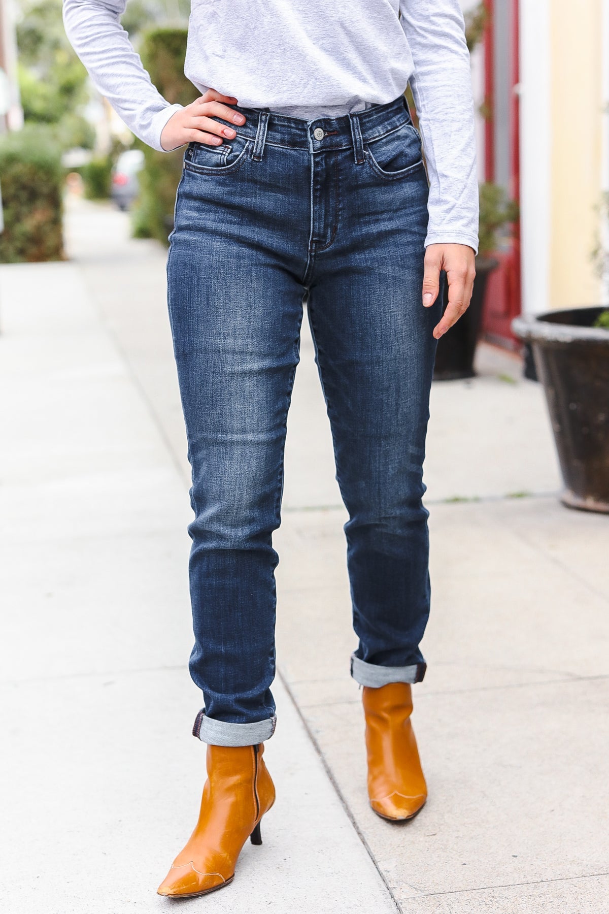 Judy Blue Dark Wash Mid Rise Cuffed Slim Fit Jeans for Women | Comfortable Stretch Denim Pants | Perfect for Casual Wear, Office & Date Night