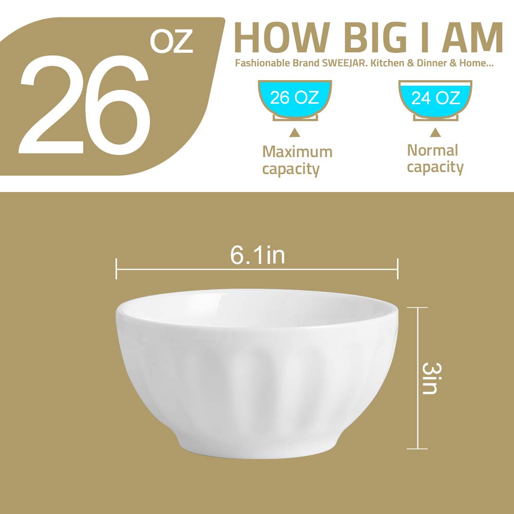 Sweejar 6-Piece Ceramic Fluted Bowl Set - 26oz Versatile Serving Bowls for Cereal, Salad, Pasta & Soup - Microwave & Dishwasher Safe - Elegant Home Dining & Party Entertaining