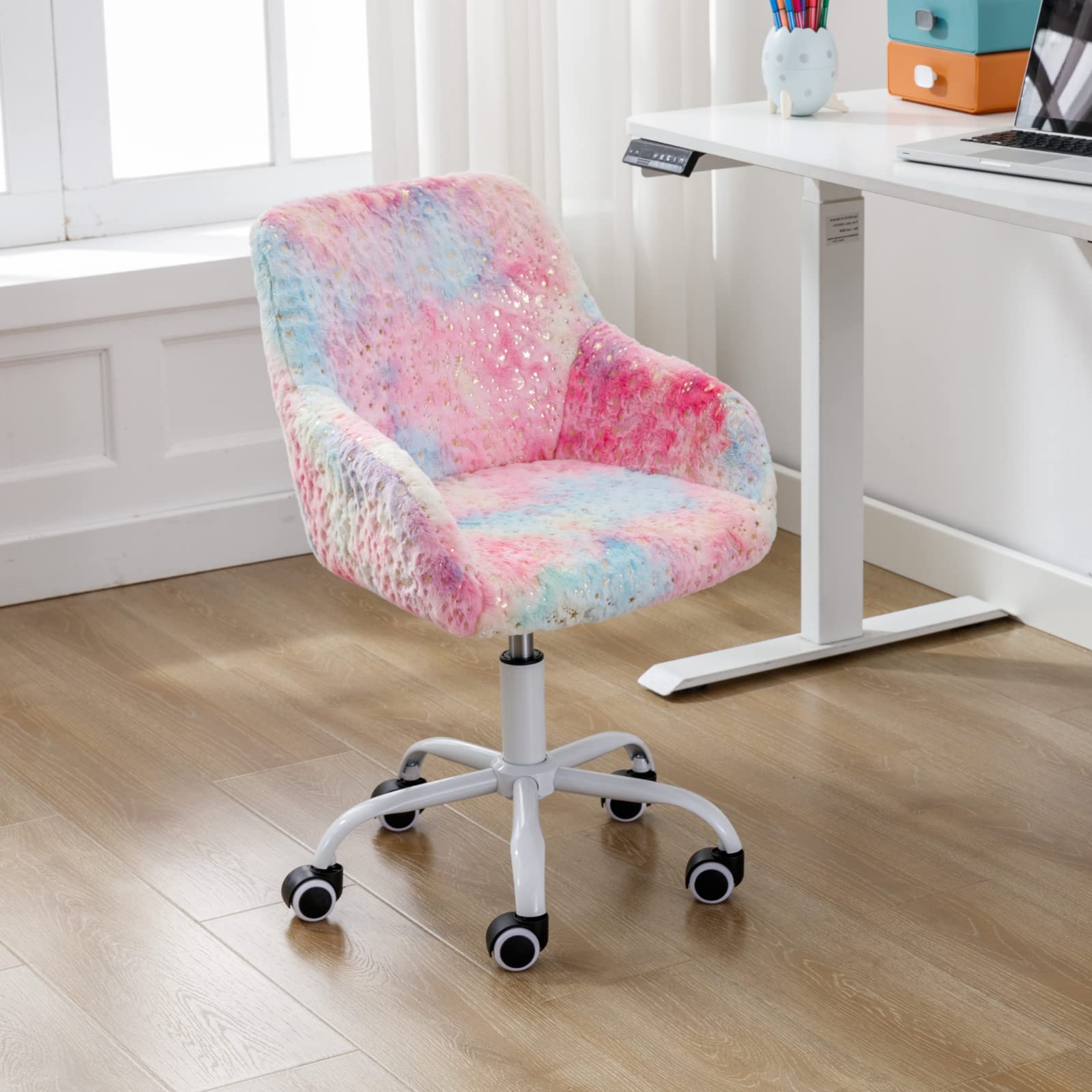 HEAH-YO Swivel Kids Chair with Wheels - Adjustable Children's Desk Chair with Armrest & Back Support - Soft Faux Fur Study Chair for Boys & Girls (Light Multi-Color) - Perfect for Homework, Reading & Gaming in Bedroom or Playroom