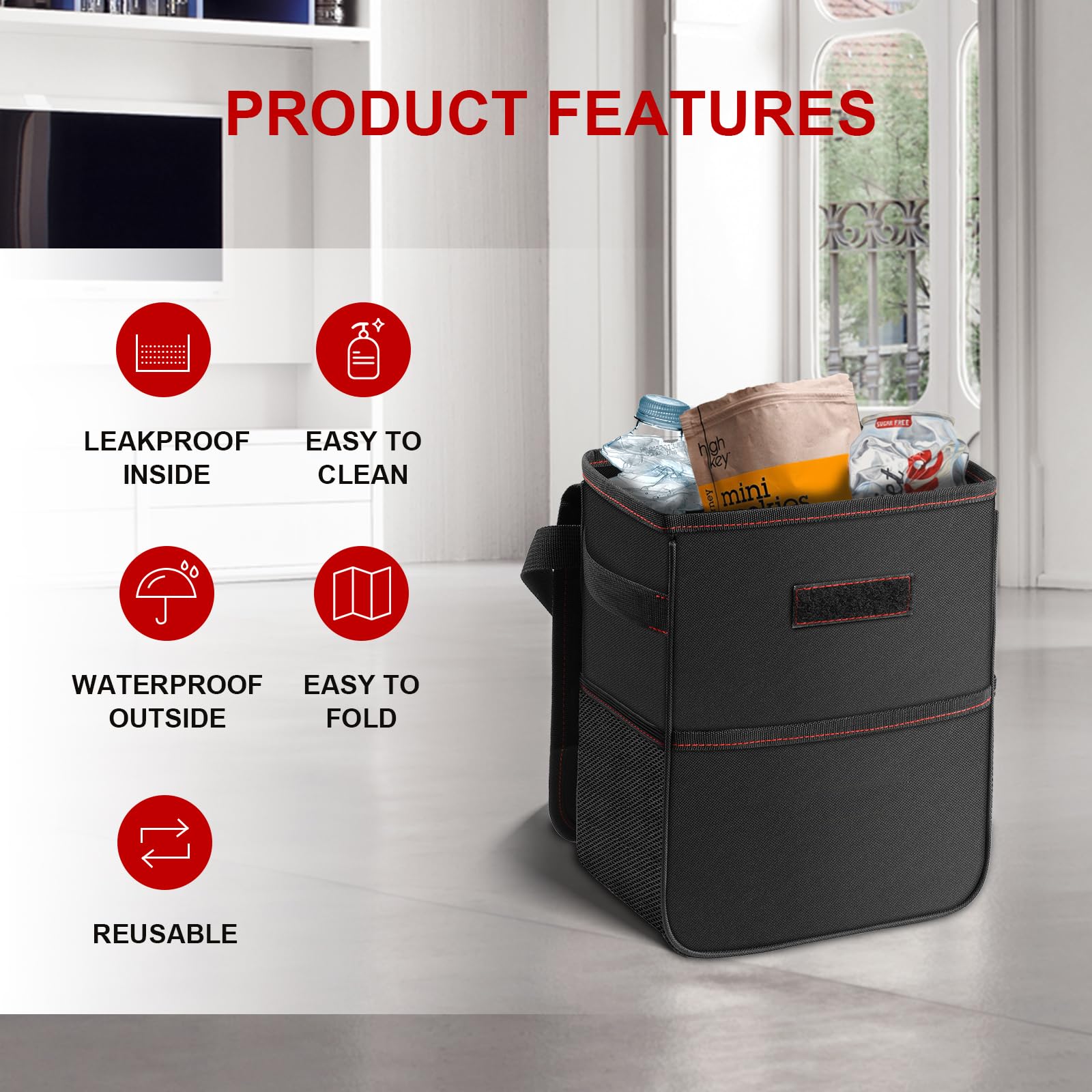 Simple Deluxe 2 Gallon Car Trash Can with Lid - Leak-Proof, Waterproof & Collapsible Car Garbage Bin with Storage Pockets & Adjustable Straps - Portable Vehicle Trash Bag for Road Trips, Camping & Daily Commute - Black