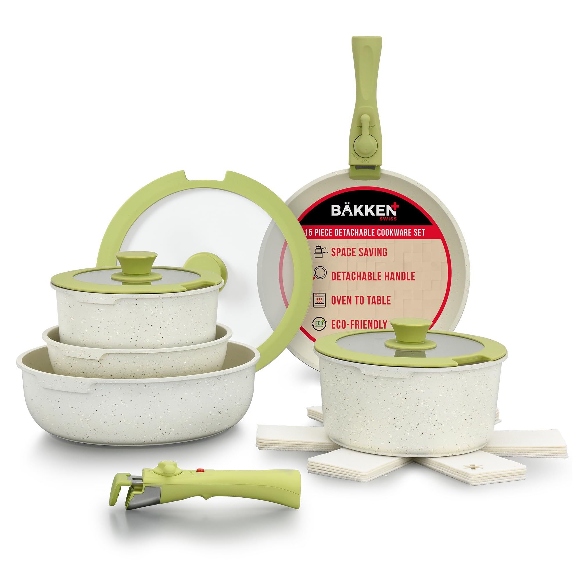 15-Piece Non-Stick Cookware Set with Detachable Handles - Granite Coated Stackable Pots & Pans, Dishwasher & Oven Safe, Induction Compatible for All Stovetops - Green/Cream Kitchen Essentials for Cooking, Baking & Meal Prep