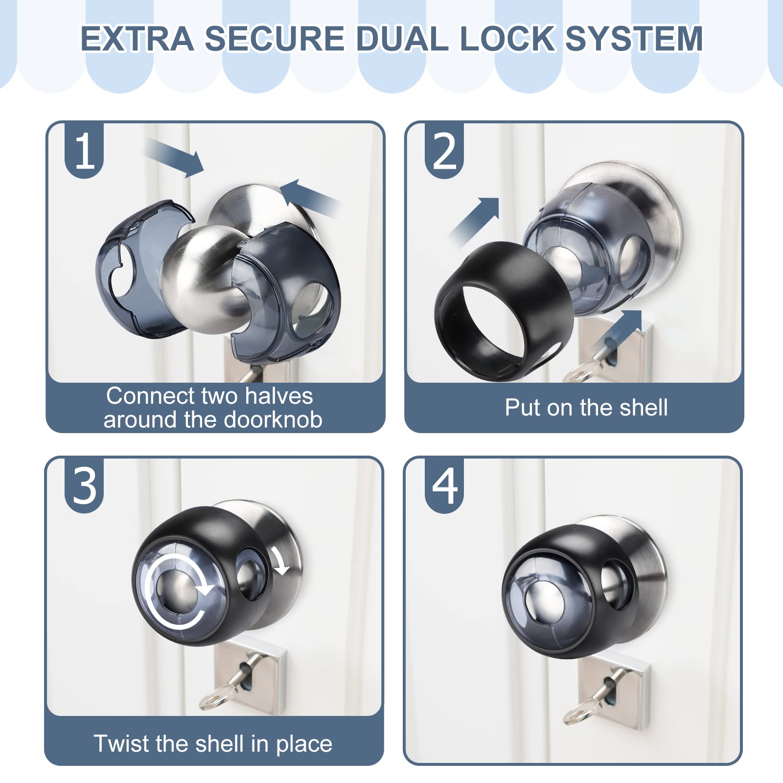 Child Proof Door Knob Covers - 4 Pack Clear Black for Baby Safety at Home